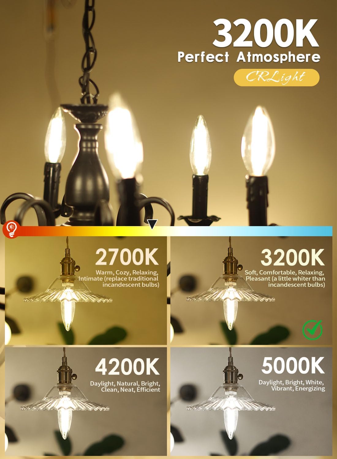 CRLight 10W High Brightness Dimmable LED Candelabra Bulb 3200K Soft White, 90W Equivalent 900LM E12 LED Candle Bulbs, Upgraded Lengthened B11 Clear Torpedo Chandelier Light Bulbs, 4 Pack