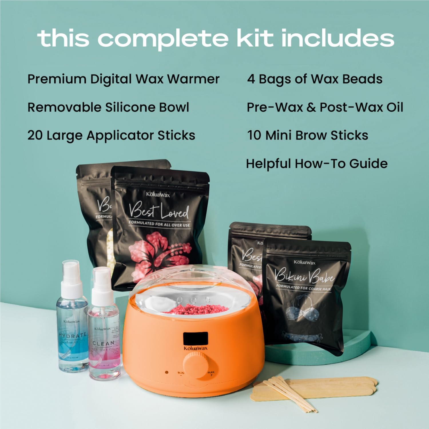 KoluaWax Premium Waxing Kit für Frauen - Hot Melt Hartwachswärmer zur Haarentfernung Augenbraue Bikini Beine Gesicht Brazilian Wax Maschine 4er-Pack Perlen Zubehör Pfirsich Fuzz