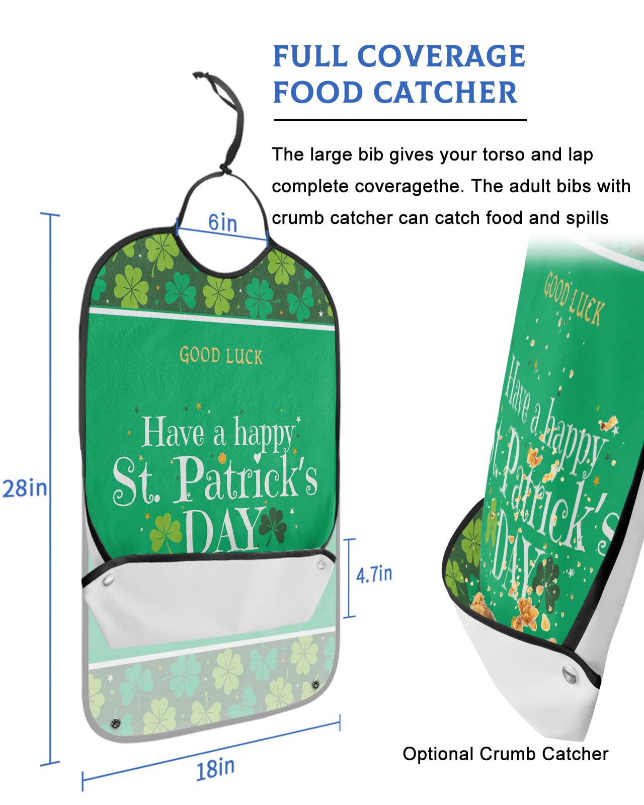 Funny Adult Bibs for Eating, Happy St.Patrick's Day Shamrock Green Pattern Waterproof Clothing Protector Washable Adult Bib with Crumb Catcher for Men Women Elderl and Seniors