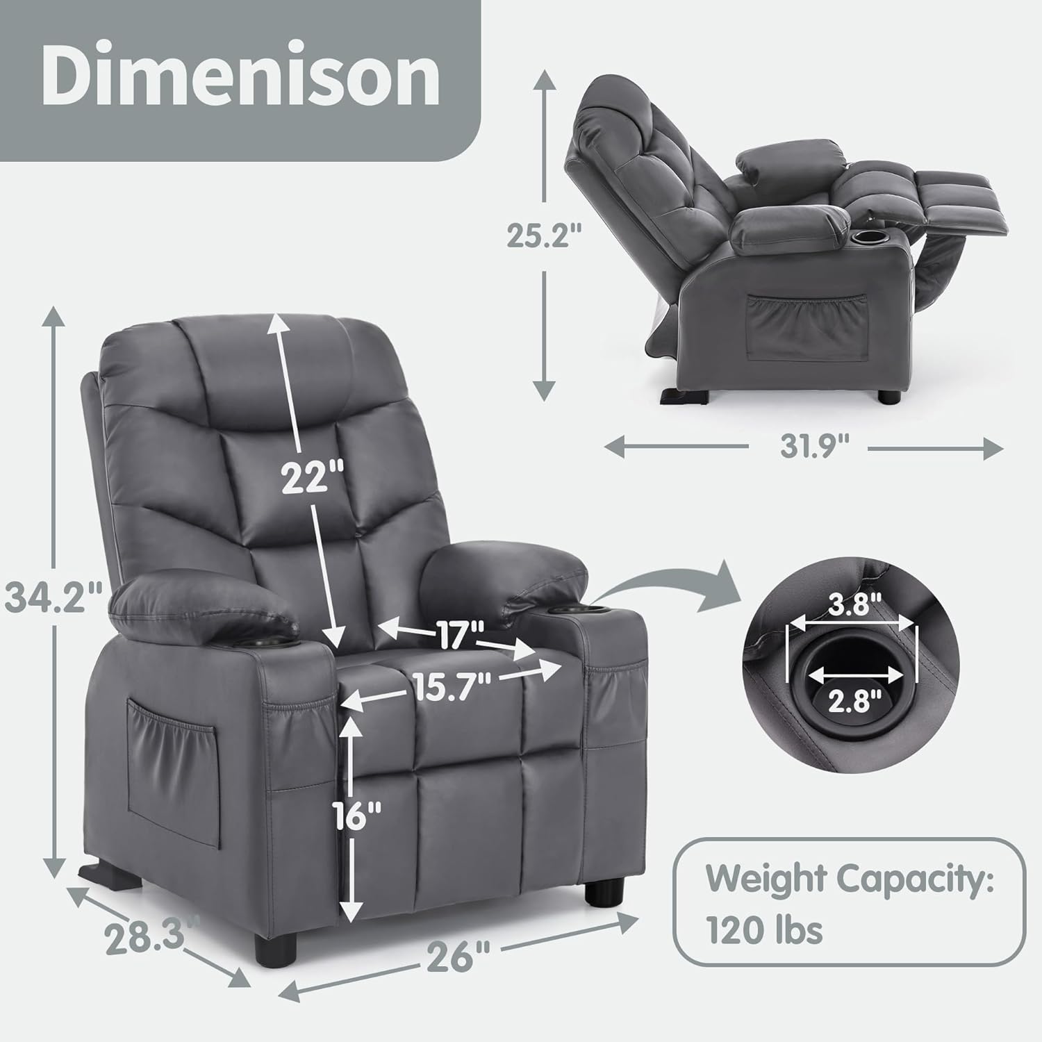 MCombo Big Kids Recliner for Ages 3+, Child Reclining Chair, Toddlers Recliner Sofa with Cup Holders (Faux Leather, Dark Grey)