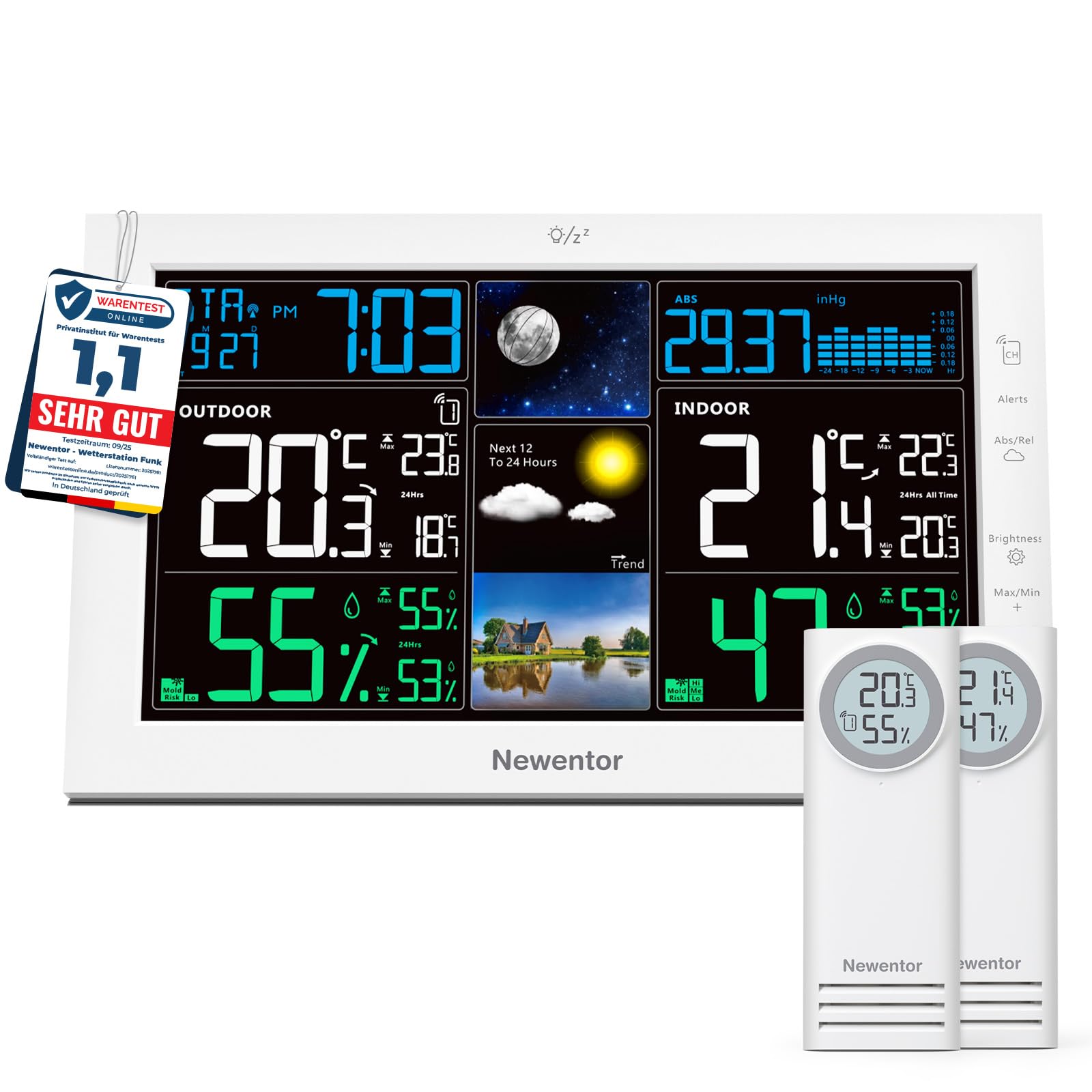 Newentor Wetterstation Funk mit Außensensor | 7,6" Farbdisplay, Funkwetterstation mit Thermometer und Hygrometer, Außensensor mit eigenem Display, Weiß, 2 Außensensoren