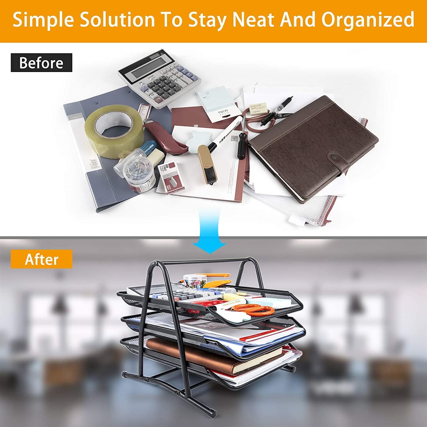 SKYBUCKET Metal Mesh 3 Tier Desk Organiser A4 Paper File Rack Letter Tray Document Holder For Office, Black 3