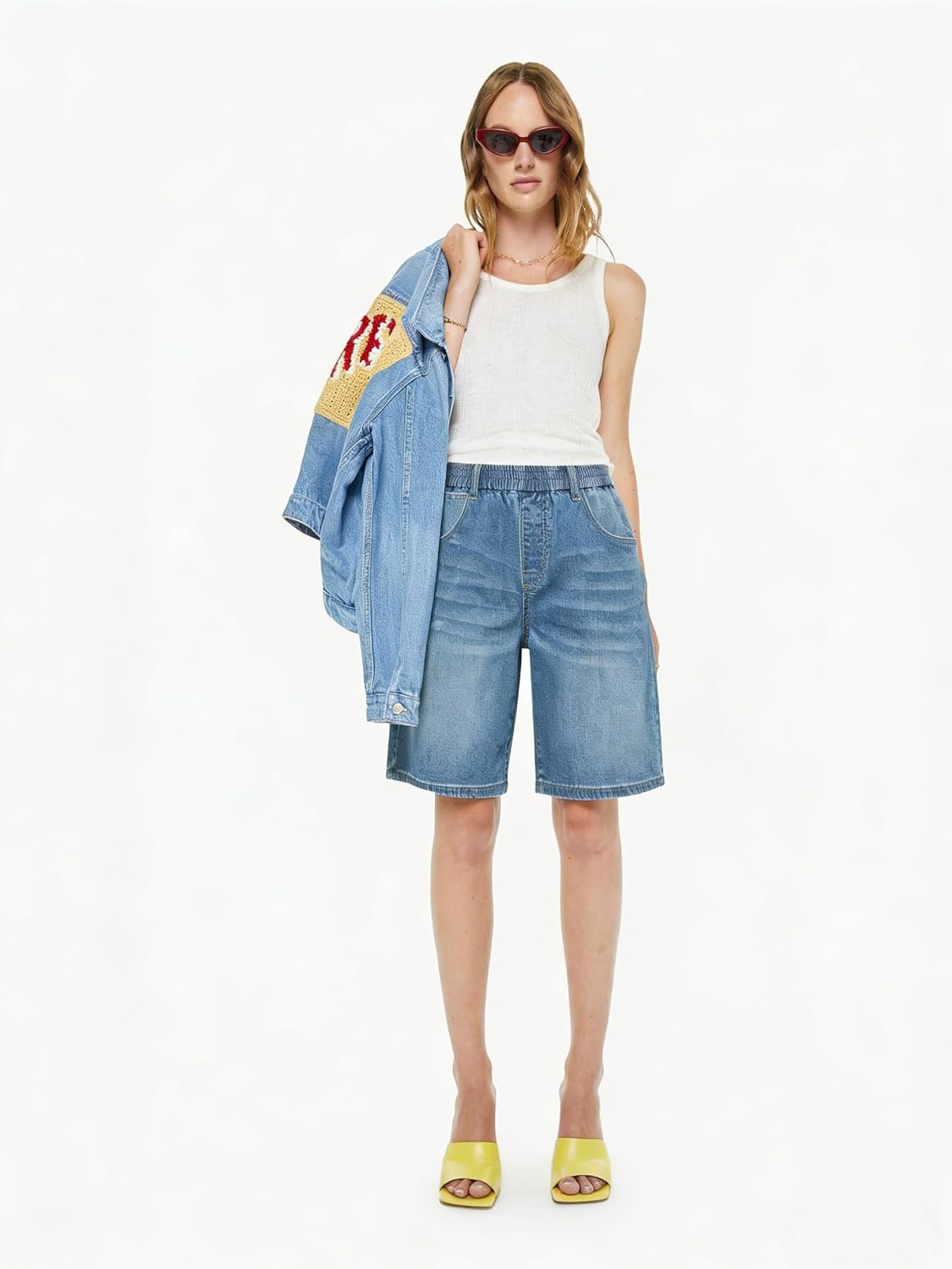 Yousify Womens Bermuda Jean Shorts Elastic Waisted Long Denim Short Knee Length Baggy Jeans Jorts