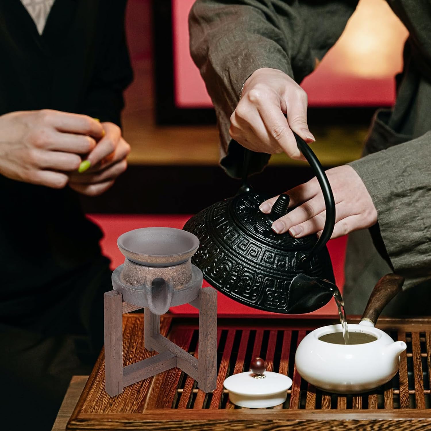 Retro Tea Filter with Crude Pottery and Wood Stand, Convenient to Clean Kung Fu Tea Set Accessory for Home Use and Decoration