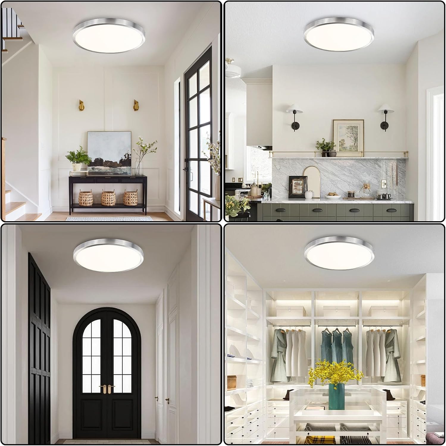 14 Inch Flush Mount Ceiling Light Fixture, Metal and Glass LED Ceiling Light Flush Mount, Slim Dimmable Flush Mount Light for Kitchen, Bedroom, Laundry, Low Ceiling, Brushed Nickel, 26W, 3000K, 2 Pack