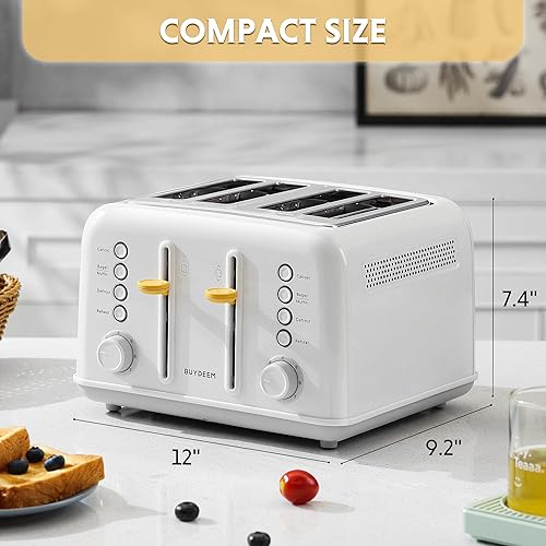 Miniatura 6 de BUYDEEM DT640 Tostadora de 4 rebanadas, ranuras extra anchas, acero inoxidable con palanca de elevación alta, función de bagel y muffin, bandeja de