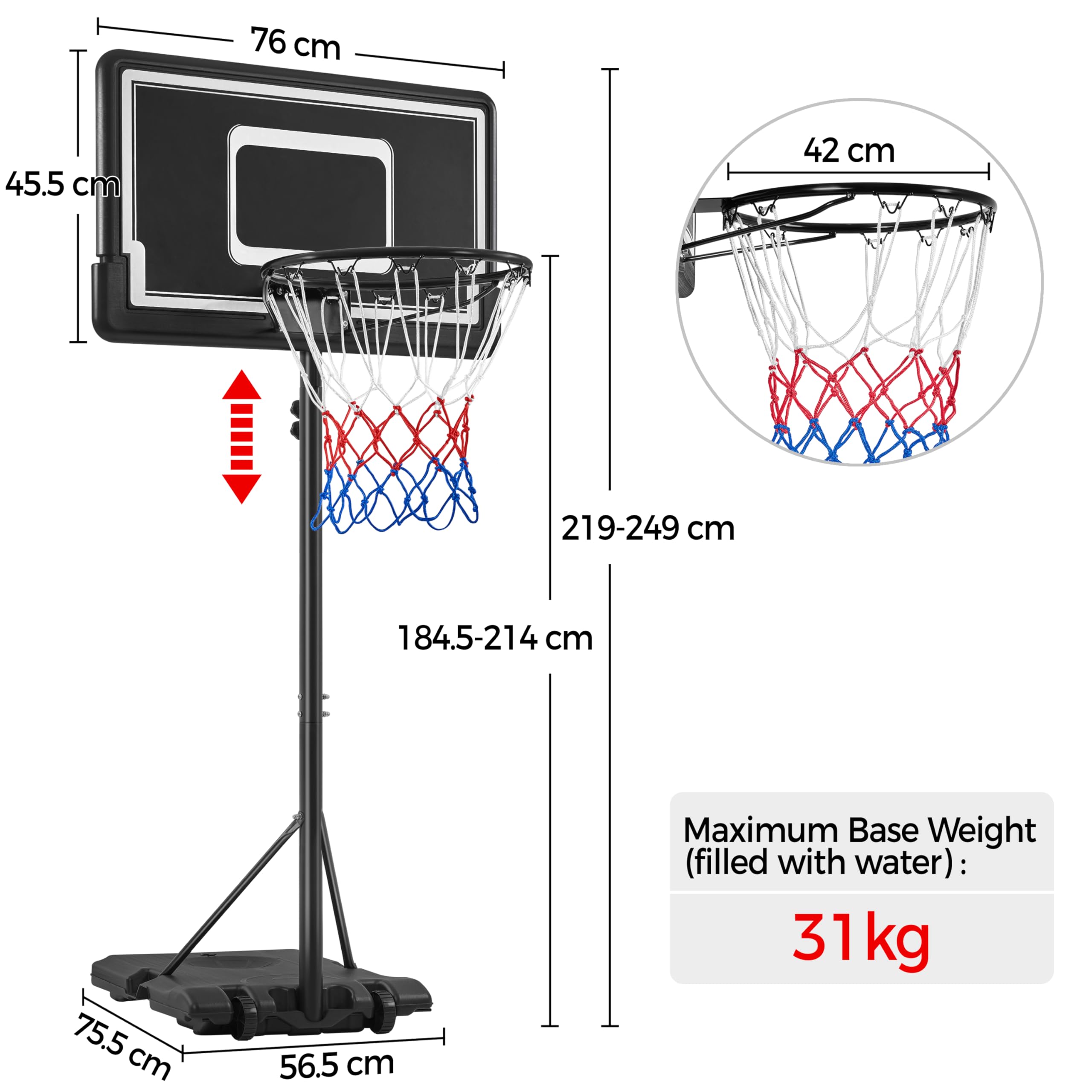 Yaheetech Mobiler Basketballständer Höhenverstellbarer Basketballkorb Korbanlage mit Rollen Basketballanlage für Indoor/Outdoor Verstellbare Korbhöhe