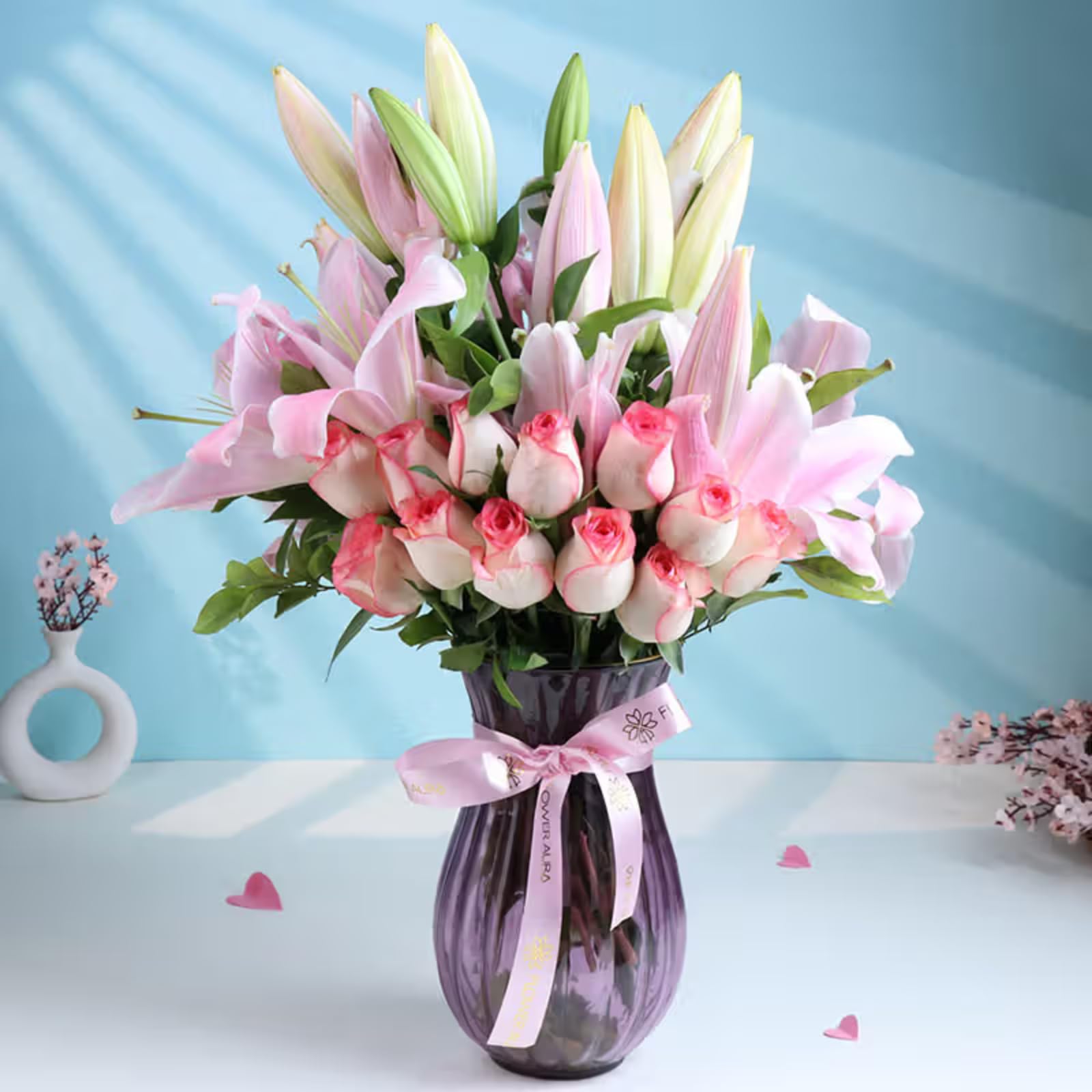 FlowerAura Fresh Live Flower Bouquet of 12 Roses & 4 Lilies In Glass Vase For Birthday Gift, Anniversary Gift, Wedding Gift, Congratulations Gift & Gift For Special Occasions (Same Day Delivery)-image-15
