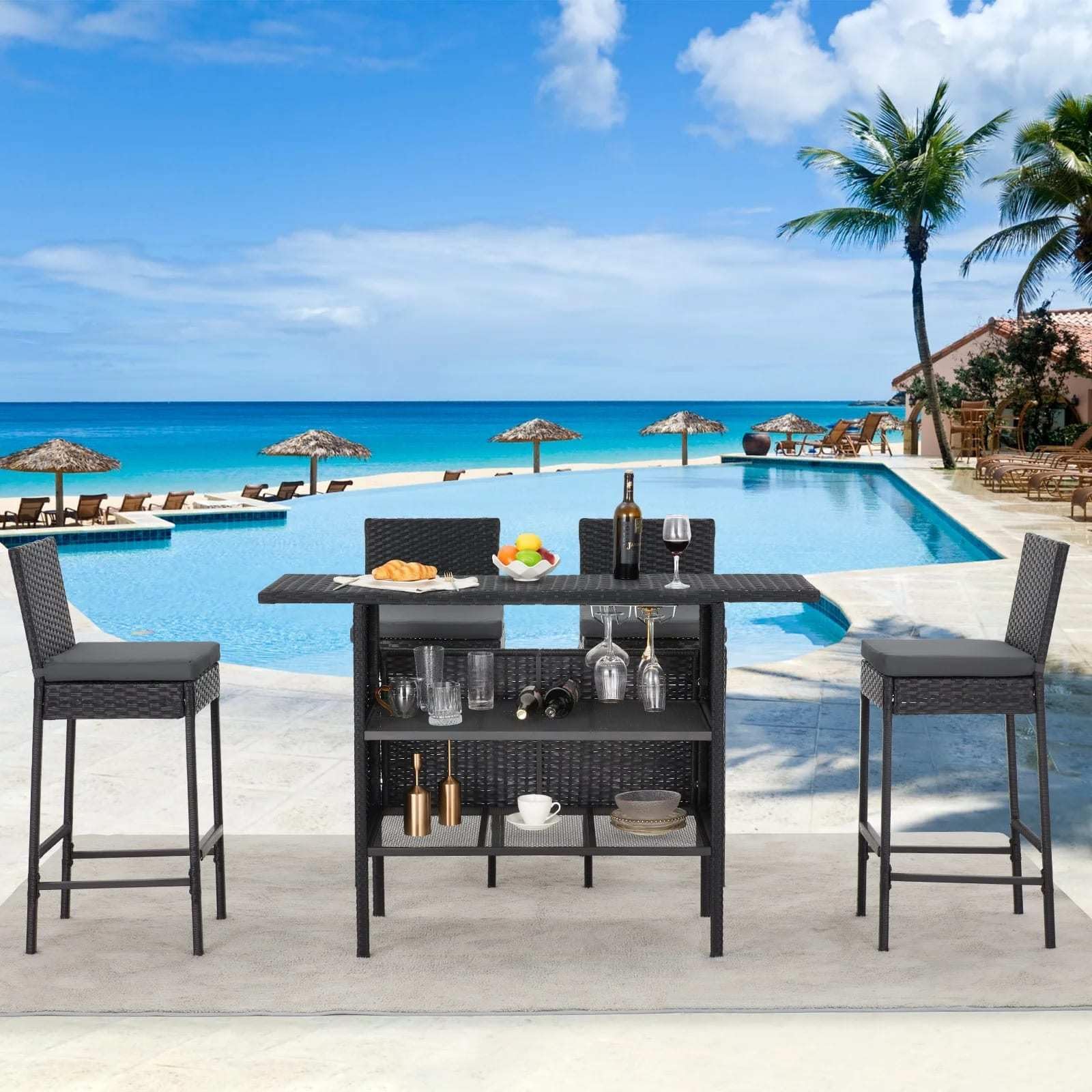 LOCCUS 3PCS Patio Bar Table Set – Outdoor Rattan/Wicker Bistro Furniture with 2 Bar Stools & Glass Top Table, Durable All-Weather Set for Balcony, Garden & Backyard (Black)-image-23