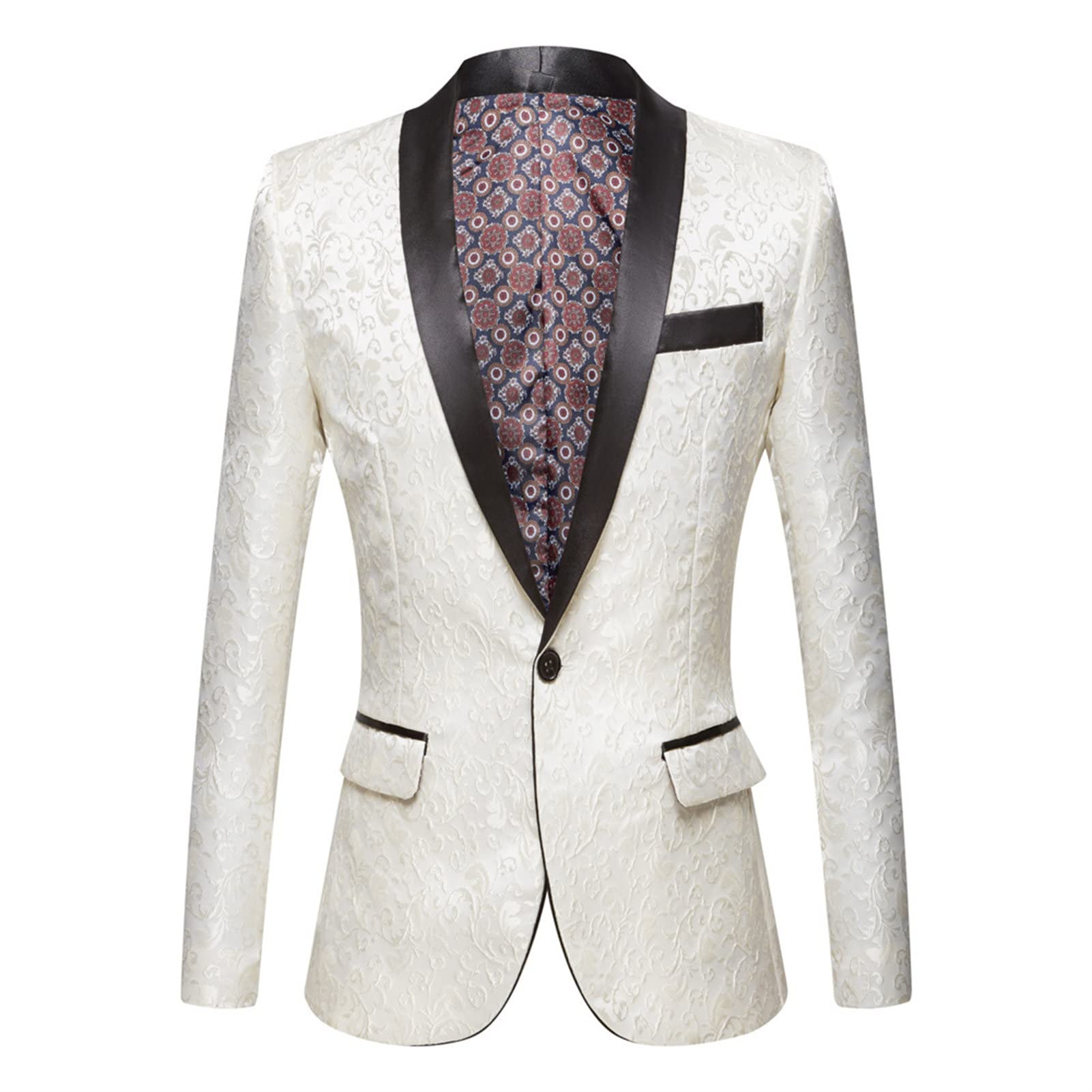 Men's Luxury Floral Tuxedo Jacket Paisley Jacquard Shawl Lapel Dress Suit Embroidered Wedding Blazer Sport Coat (White,XX-Large)
