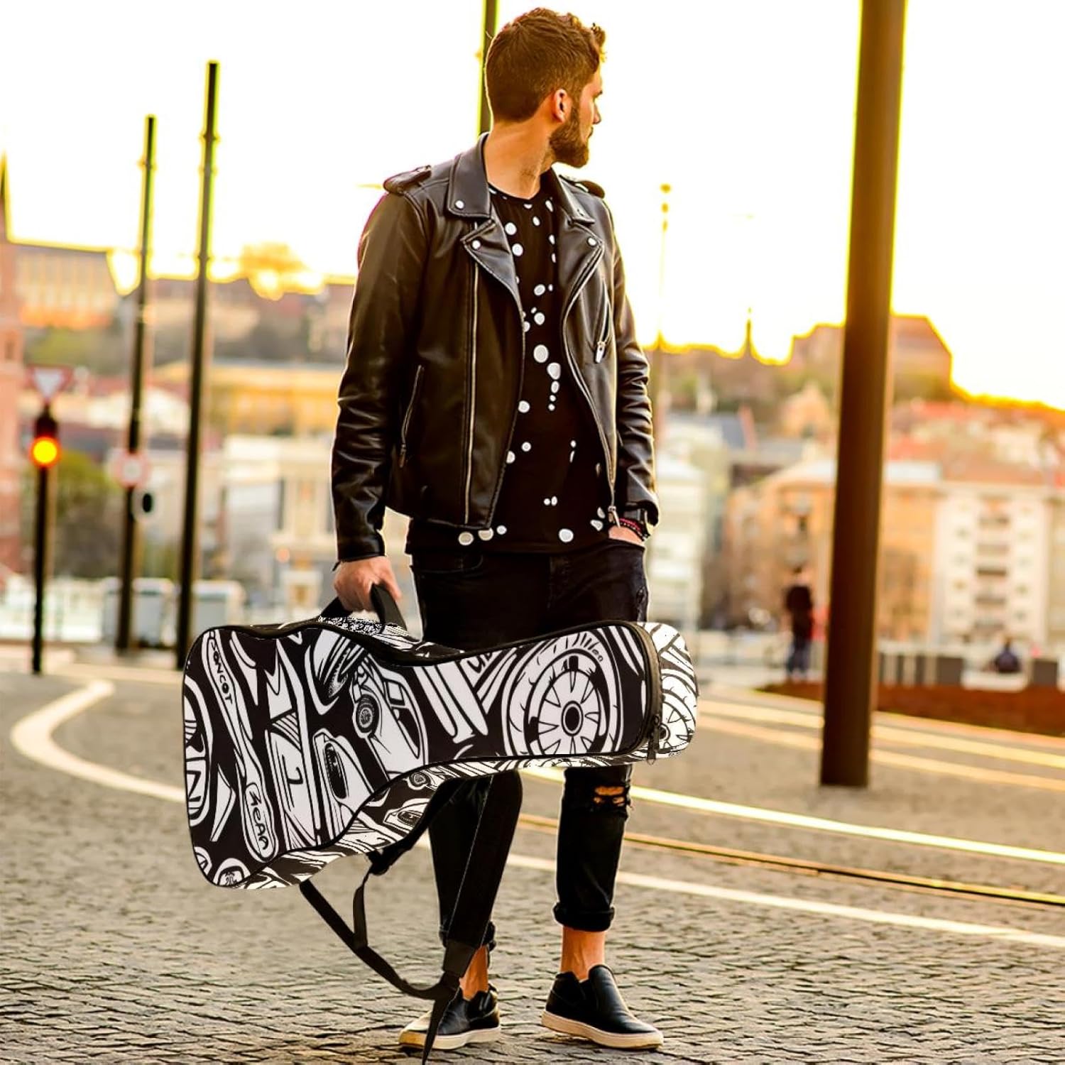 Acoustic Guitar Gig Bag 1 cm Thick Padding, Waterproof Electric Guitar Bag 40-42 Inch Guitar Case Backpack with Dual Shoulder Strap, Cool Racing Cars Doodle Seamless Pattern