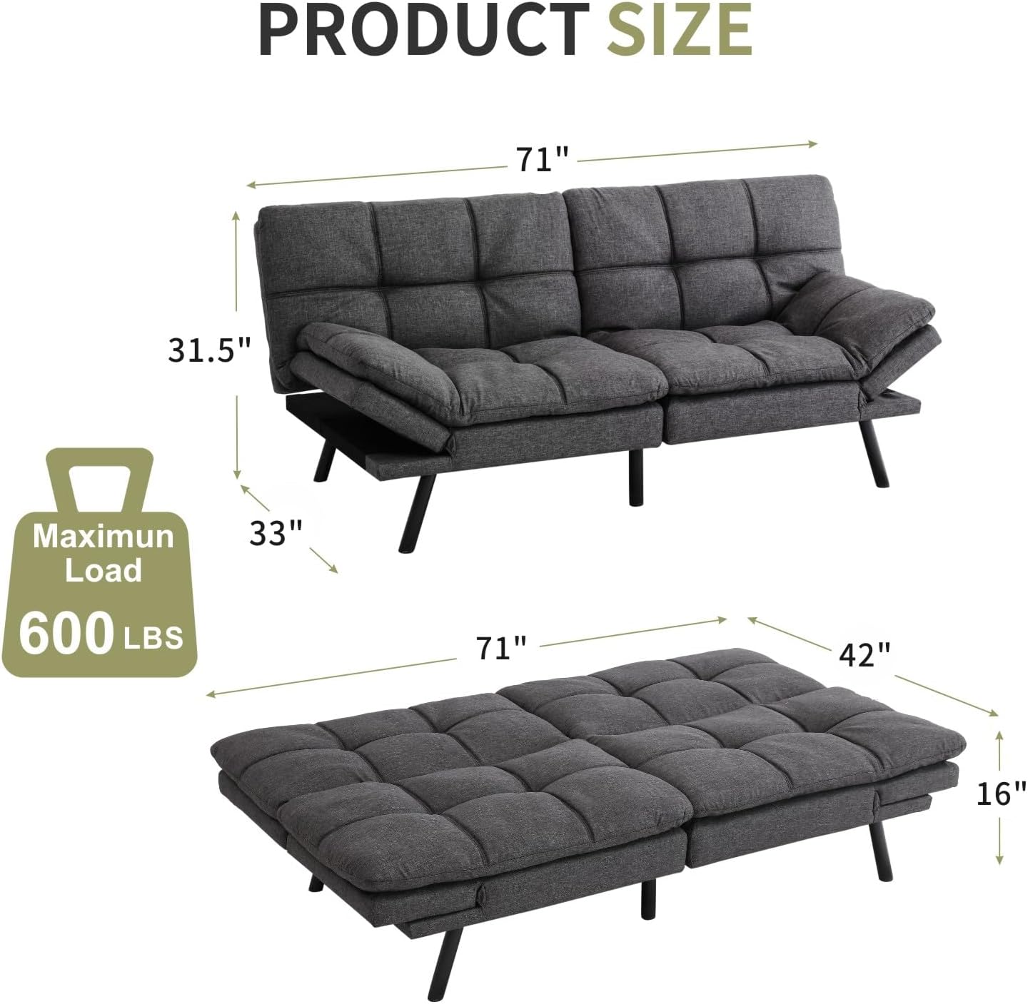 MUUEGM Futon Sofa Bed Couch, Memory Foam,Convertible, Modern Loveseat Daybed Sofa,Comfy Sleeper Couch for Apartment, Living Room,Easy Assemble,Grey, 267DGY-0625