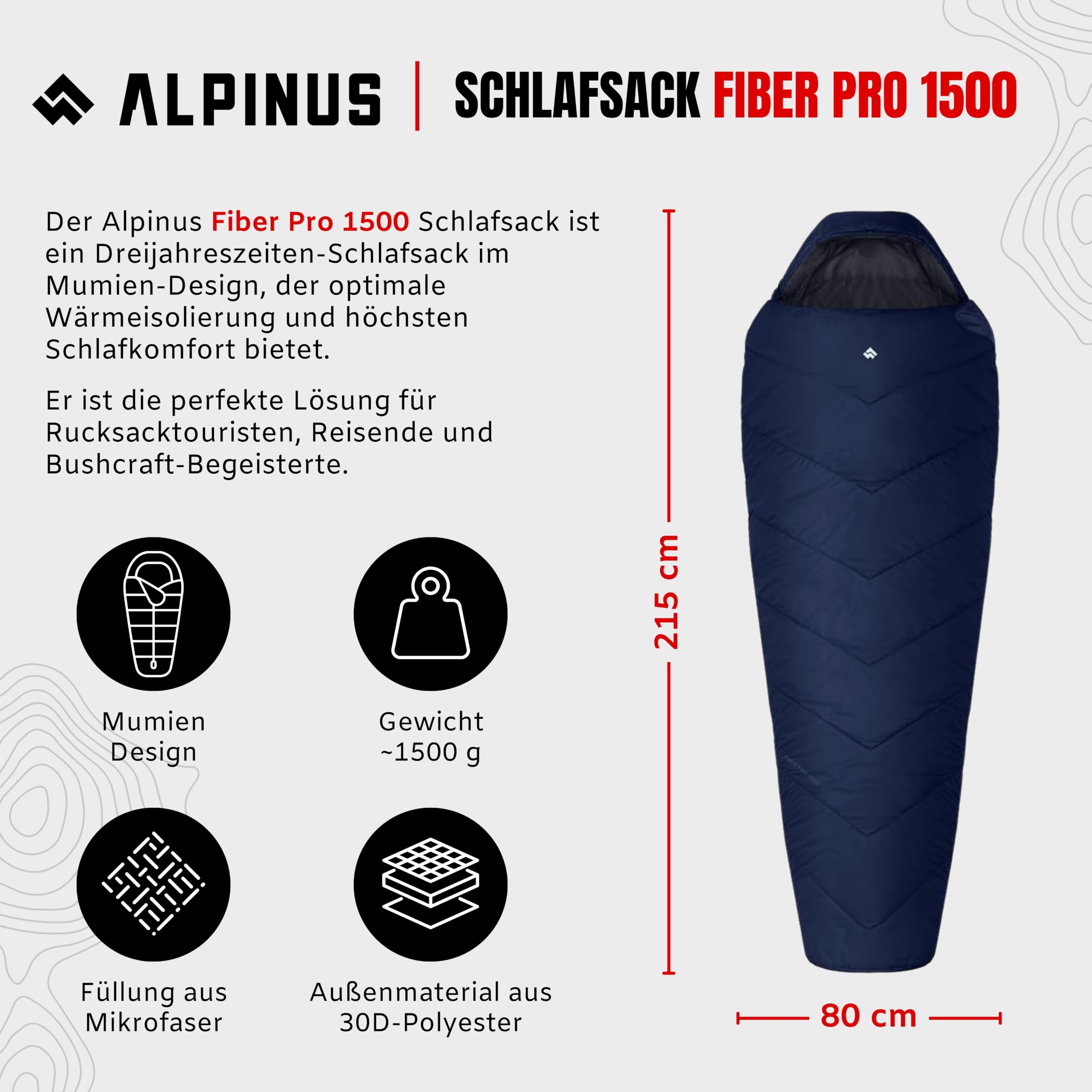 Alpinus - Śpiwór dla dorosłych Fiber Pro 1500, śpiwór, 215 x 80 cm, lekki śpiwór z dwukierunkowymi zamkami błyskawicznymi, śpiwór typu mumia z kompresowaną osłoną, śpiwór kempingowy