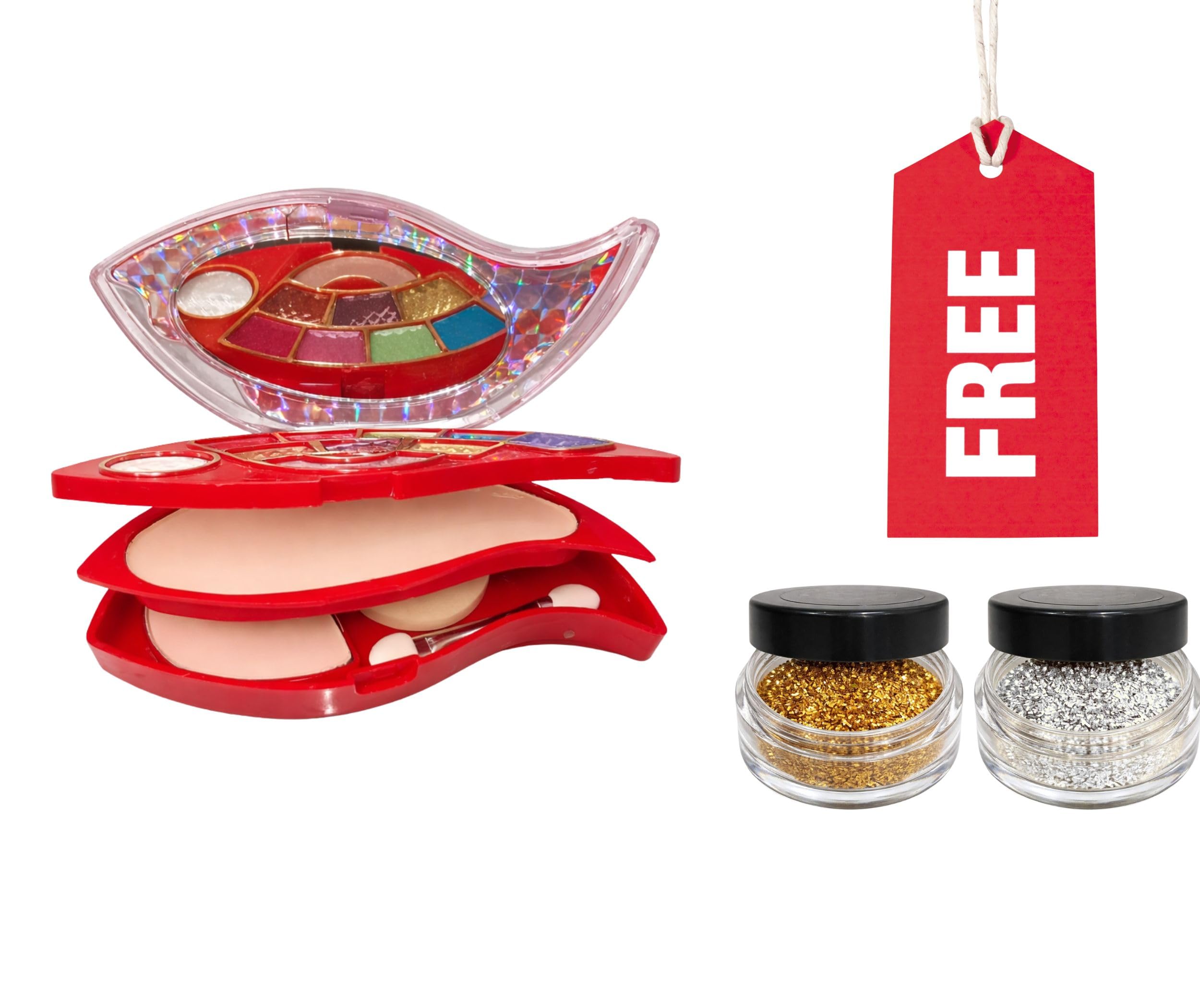 Premium Multi-Tiered Leaf Eyeshadow & Compact Face Powder Vanity Palette with FREE 2 Pots Shimmer Loose Glitter Pigments (Gold & Silver) | Multi-Layer Full Face Cosmetic Gift Kit Promotional Bundle for Women-image-6