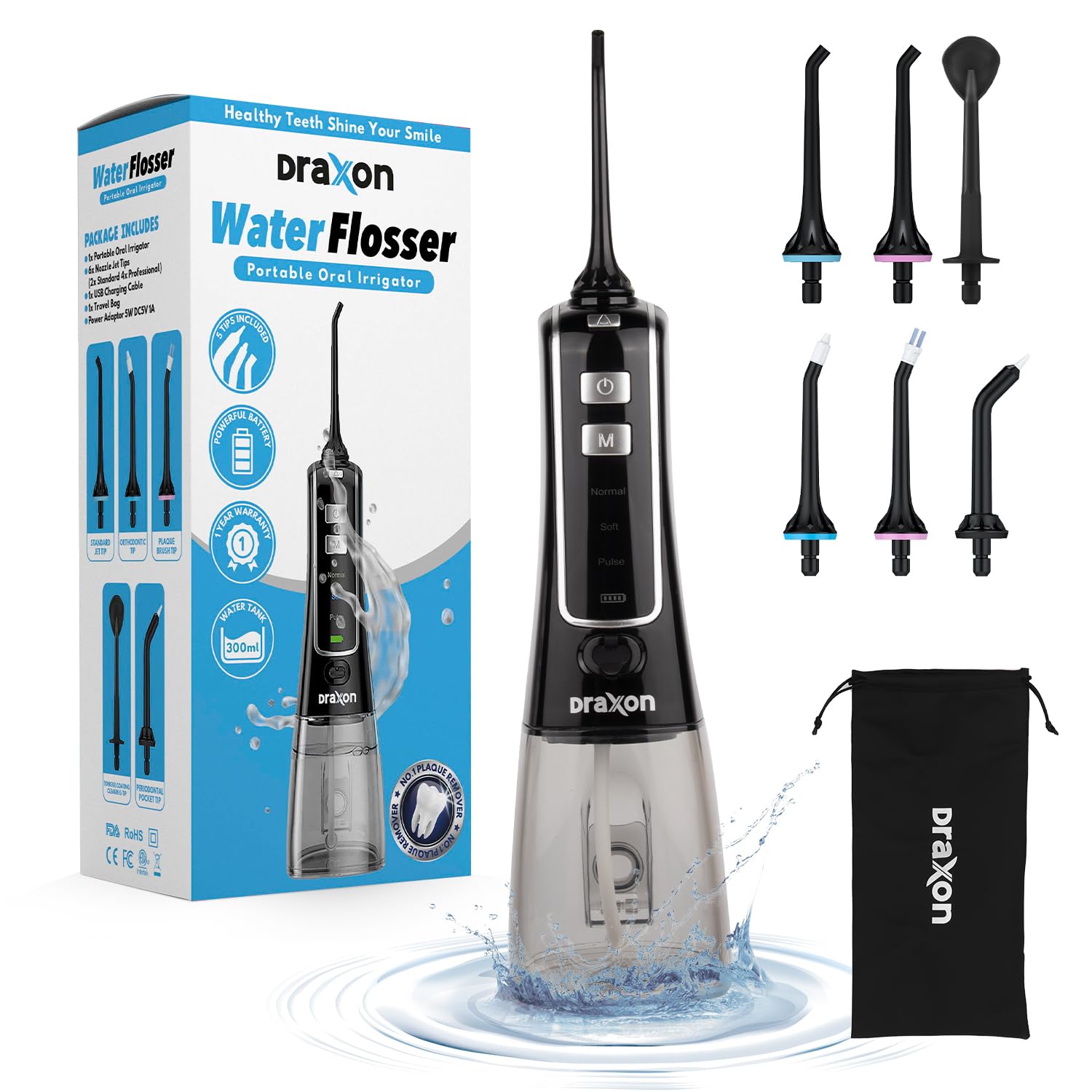 Water Flosser Cordless Teeth Cleaner with 3 DIY Modes and Tips, Professional Portable Dental Oral Flosser Irrigator for teeth, IPX7 Waterproof, 300ML Water Tank for Home&Daily Use (1-YR-WARRANTY)