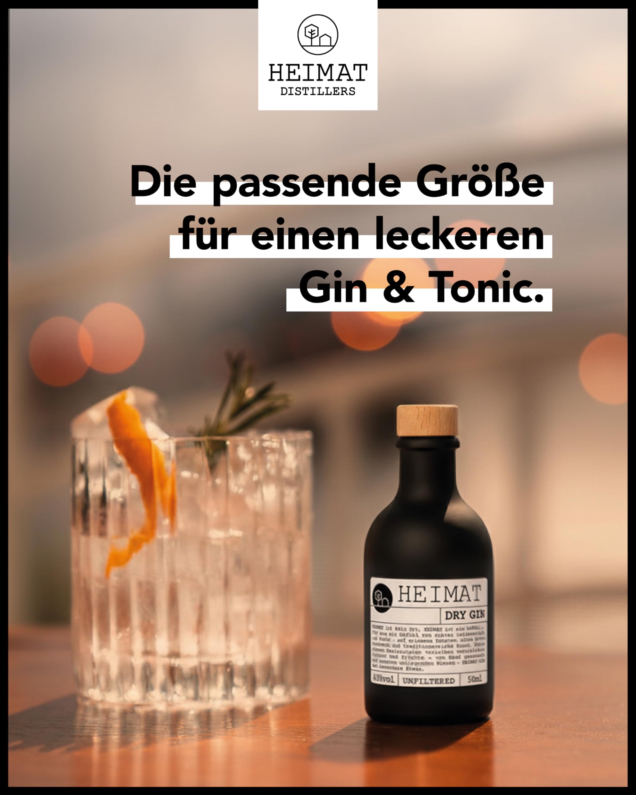 HEIMAT Dry Gin Miniatur (1x 50ml) zum Probieren mit 18 Botanicals wie Salbei, Thymian, Apfel, Lavendel, Ingwer aus der Heimat Destille, kleine Flasche Probiergröße Geschenk