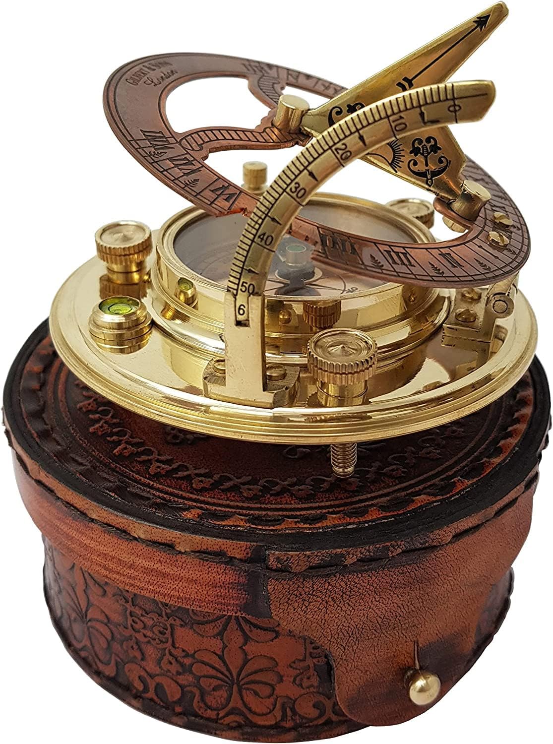 Antique Brass,Copper Compass & Sundial Clock with Leather Box, Antique Gift Items by Allory Tech