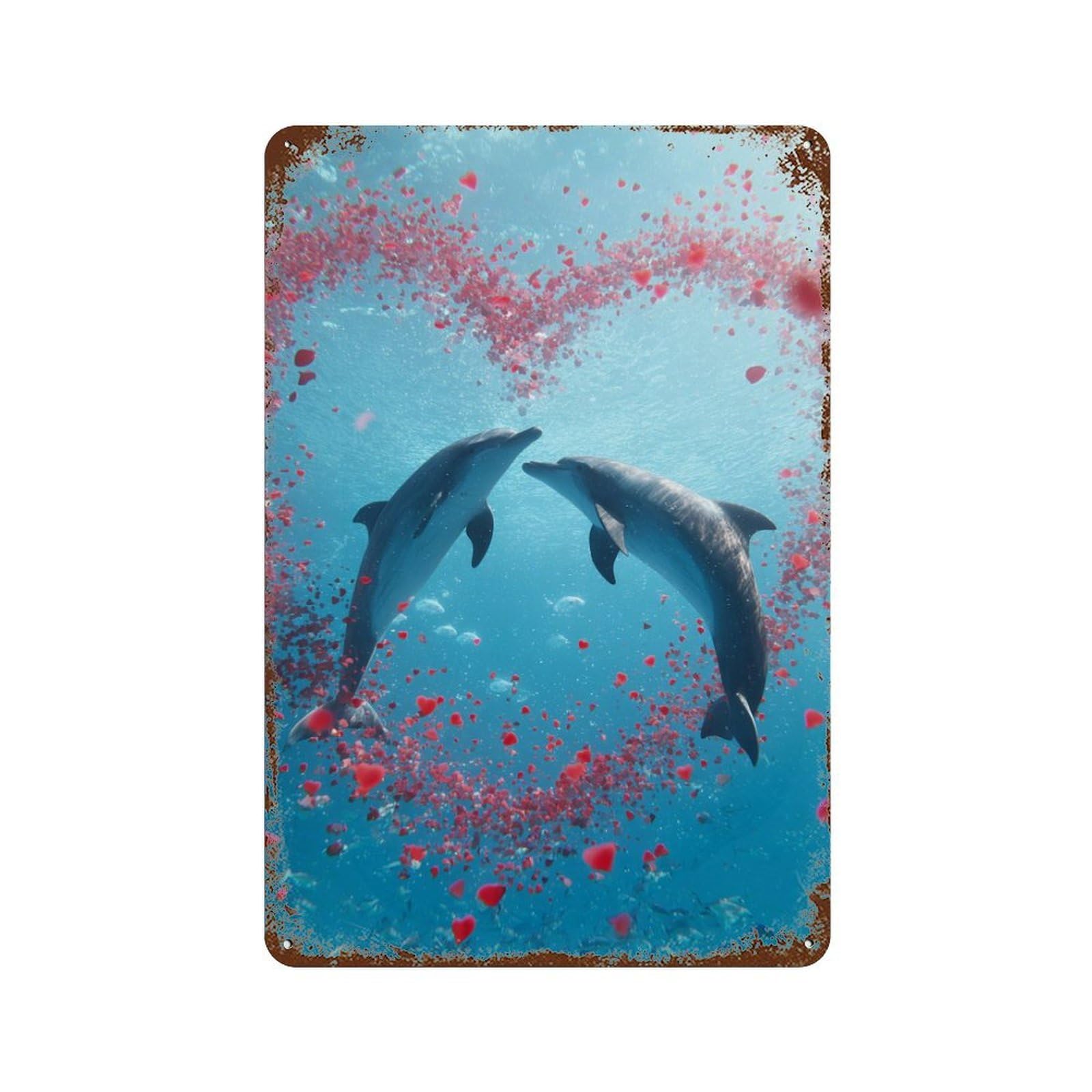 Distressed Metal Wall Sign with Dolphins Underwater Romance Design 11.8"x7.9", for Cafe, Home Bar And Lounge Decor, Retro Wall Decor