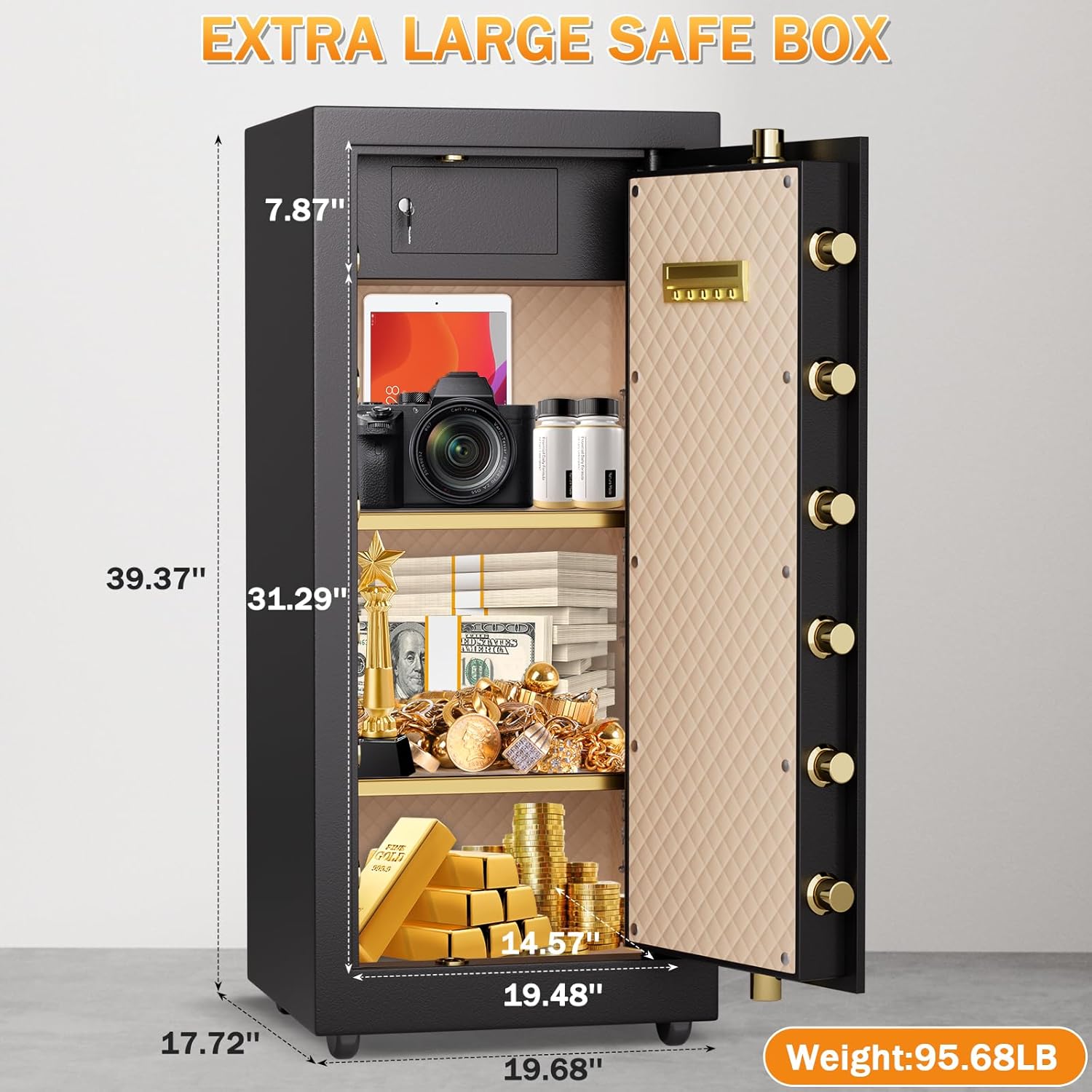 Safe, 39.37''H Extra Large Safes Box, 9.0 Cubic Feet Heavy Duty Safe with 2 Adjustable Shelf & Seperate Lock Box, Home Floor Safes with LCD Screen & Hidden Code for Doc Cash Jewelry Valuables