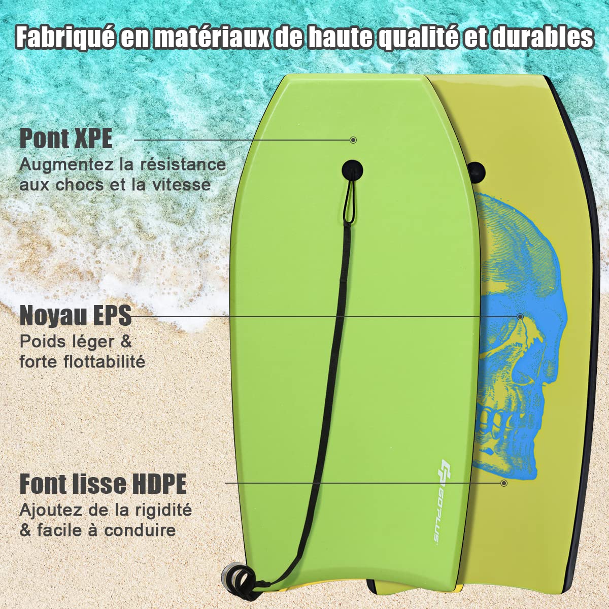 GYMAX Planche de Surf en XPE et HDPE Robuste, Charge Max 85 kg | Bodyboard Vert pour Plus de 14 Ans, 105×51×6 cm, Sangle de 90 cm et Motif de Crâne