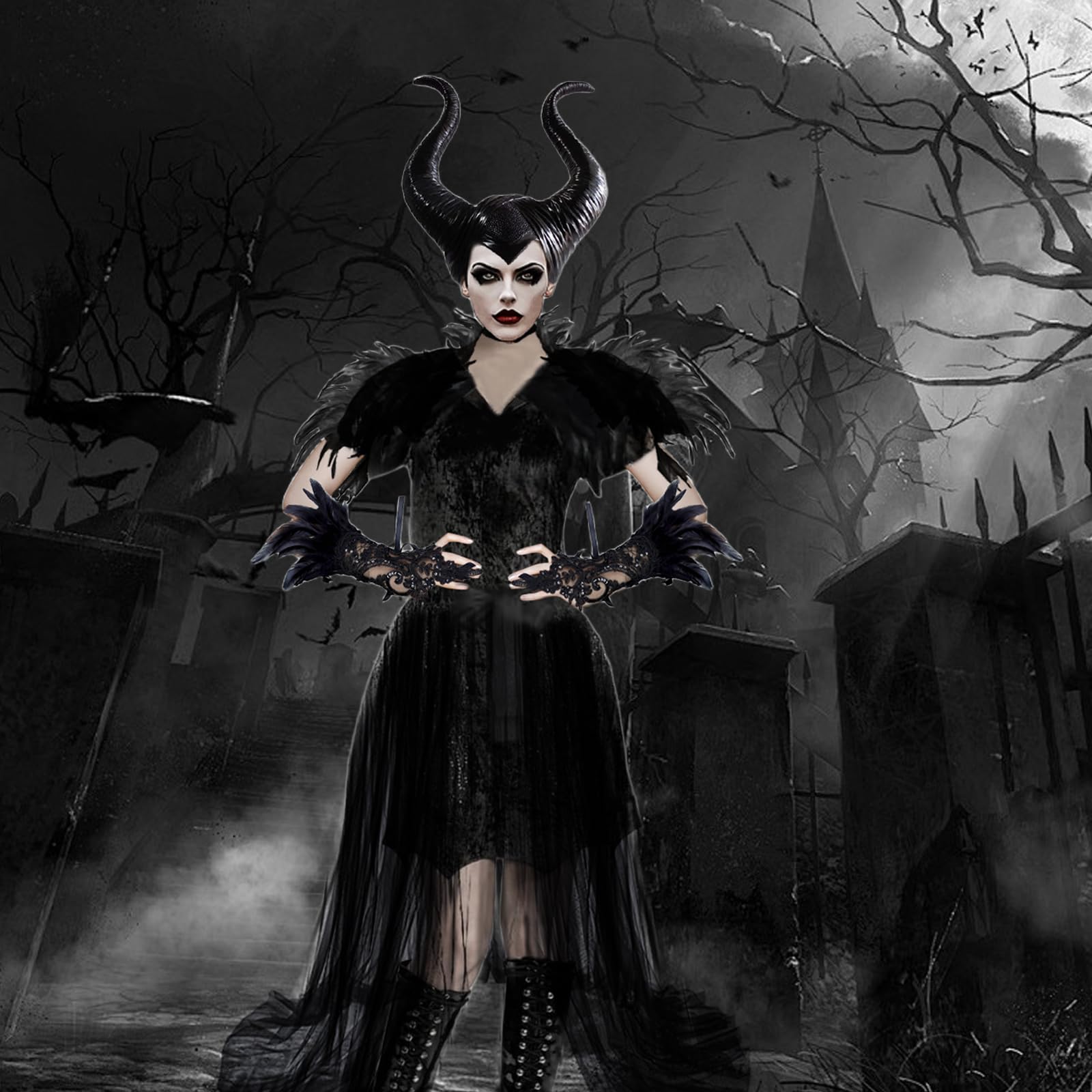 Maleficent kostium damski: kostium diabła, zestaw Maleficent rogi z peleryną z piór, koronkowe rękawiczki i długa spódnica tiulowa na Halloween, karnawał, imprezę Cosplay