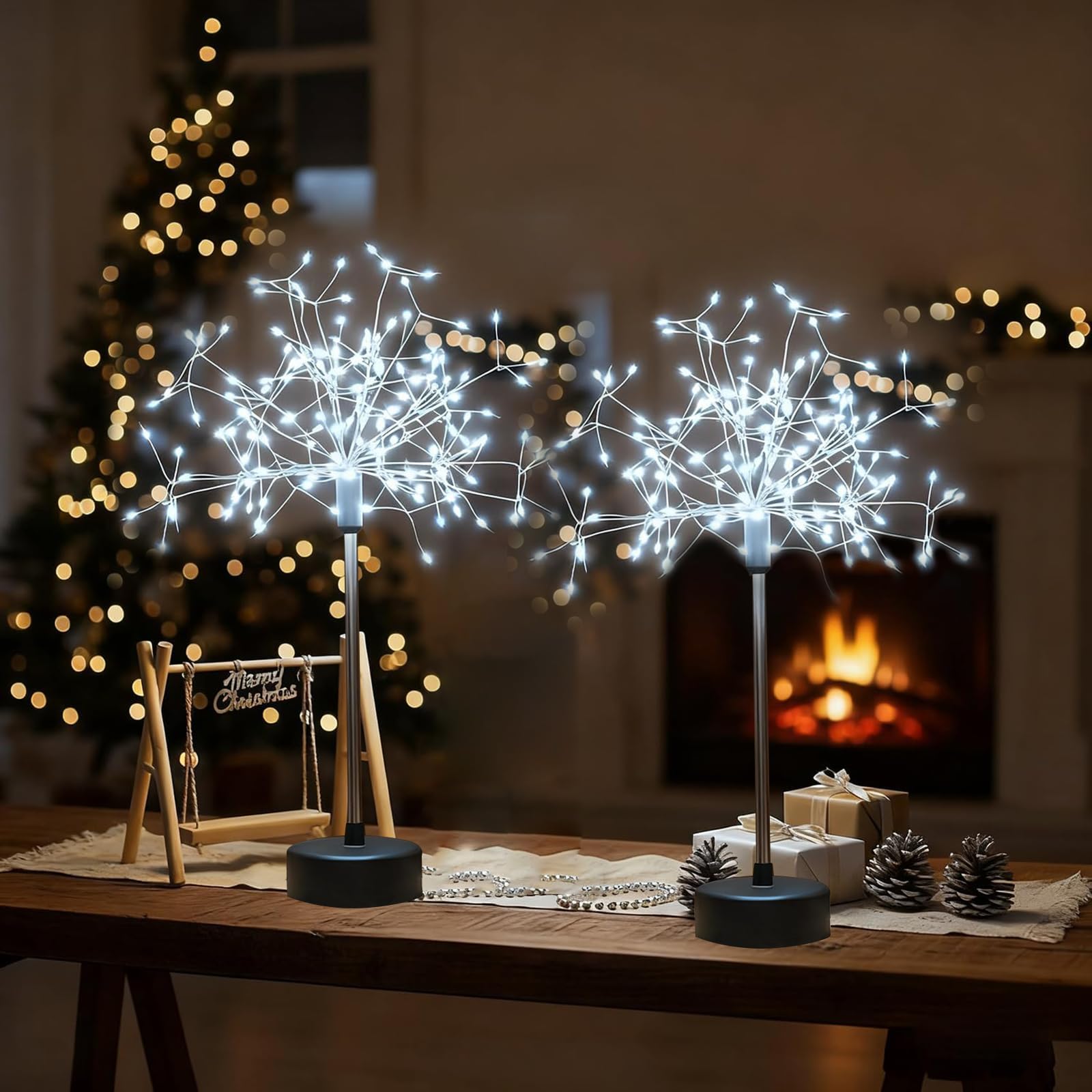 CHENRI 2PCS Nest and Flowers Table Lights Fireworks, 120 LED Mini Table Starburst Silver Lights, Firework Centerpiece Light, Battery Operated LED Table Lamp for Christmas Decor (White)