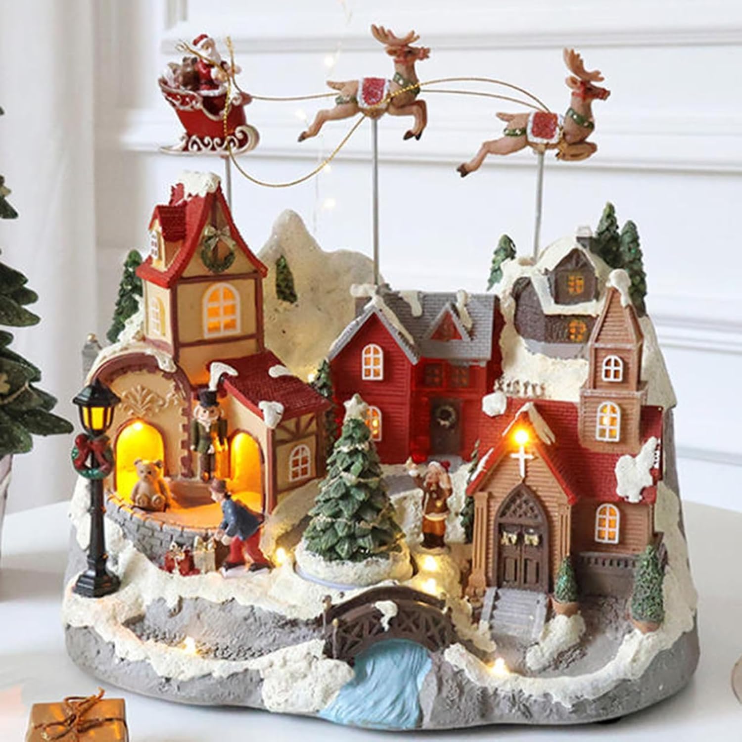 Animated Christmas Village, Christmas Village House Music Box, Animated Display with Santa and Deer, Indoor Decorations, Add Christmas Atmosphere