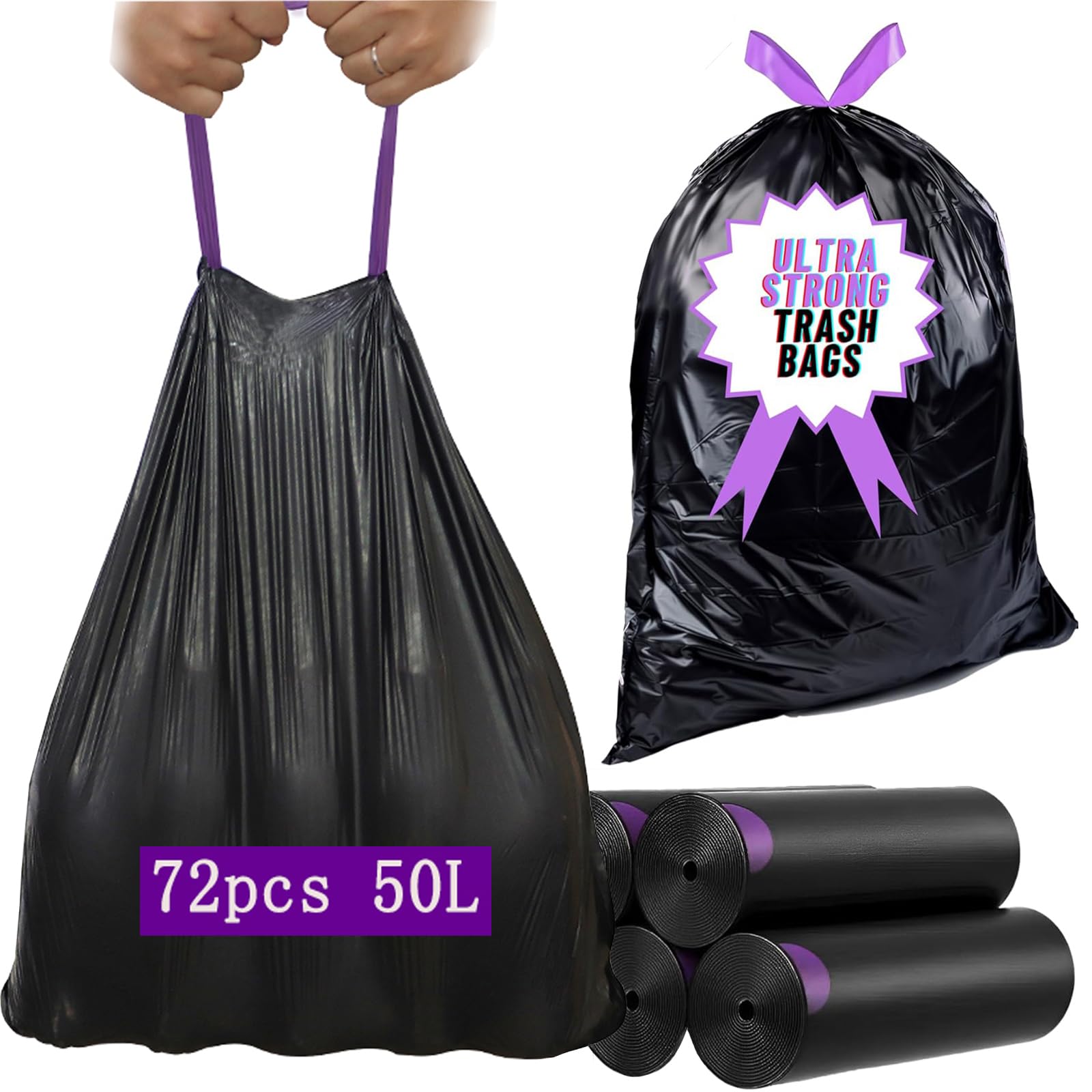 50L Bolsas Basura, 60x70cm con Cordón 72 Piezas,Bolsa Basura Gruesas Resistentes Al Desgarro para El Hogar y La Oficina, Herméticas a Los Líquidos,Negro