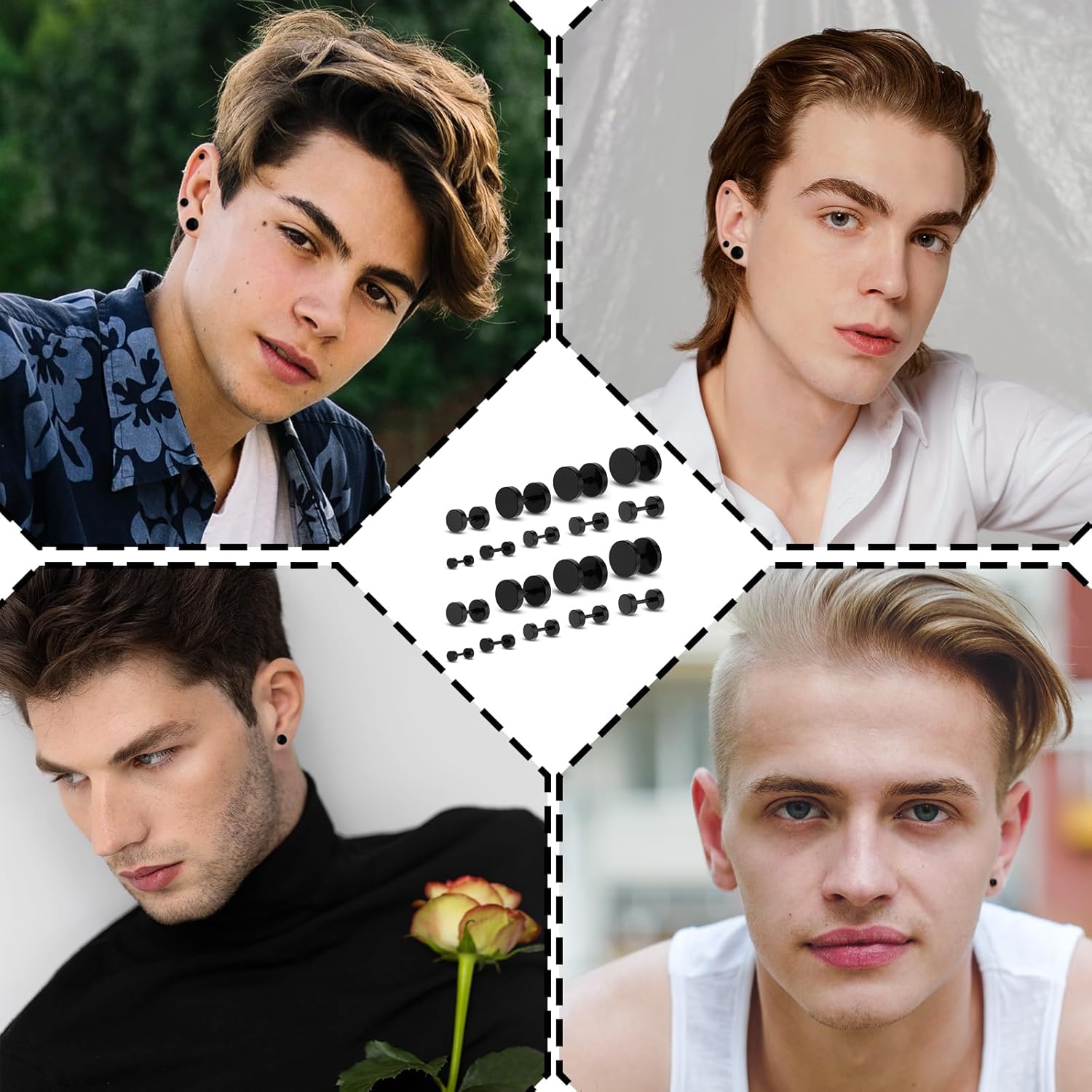 9 Pairs 3mm-14mm Black Fake Gauges Earrings for Men Women Titanium Steel Dot Earrings Black Round Stud Earring 9 Sizes - Image 4