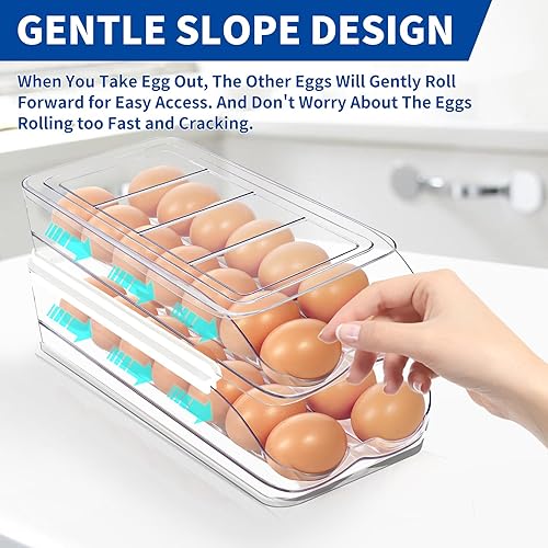 Miniatura 2 de Soporte para huevos para refrigerador, organizador automático de huevos para refrigerador, recipiente y bandeja de huevos de plástico transparente,