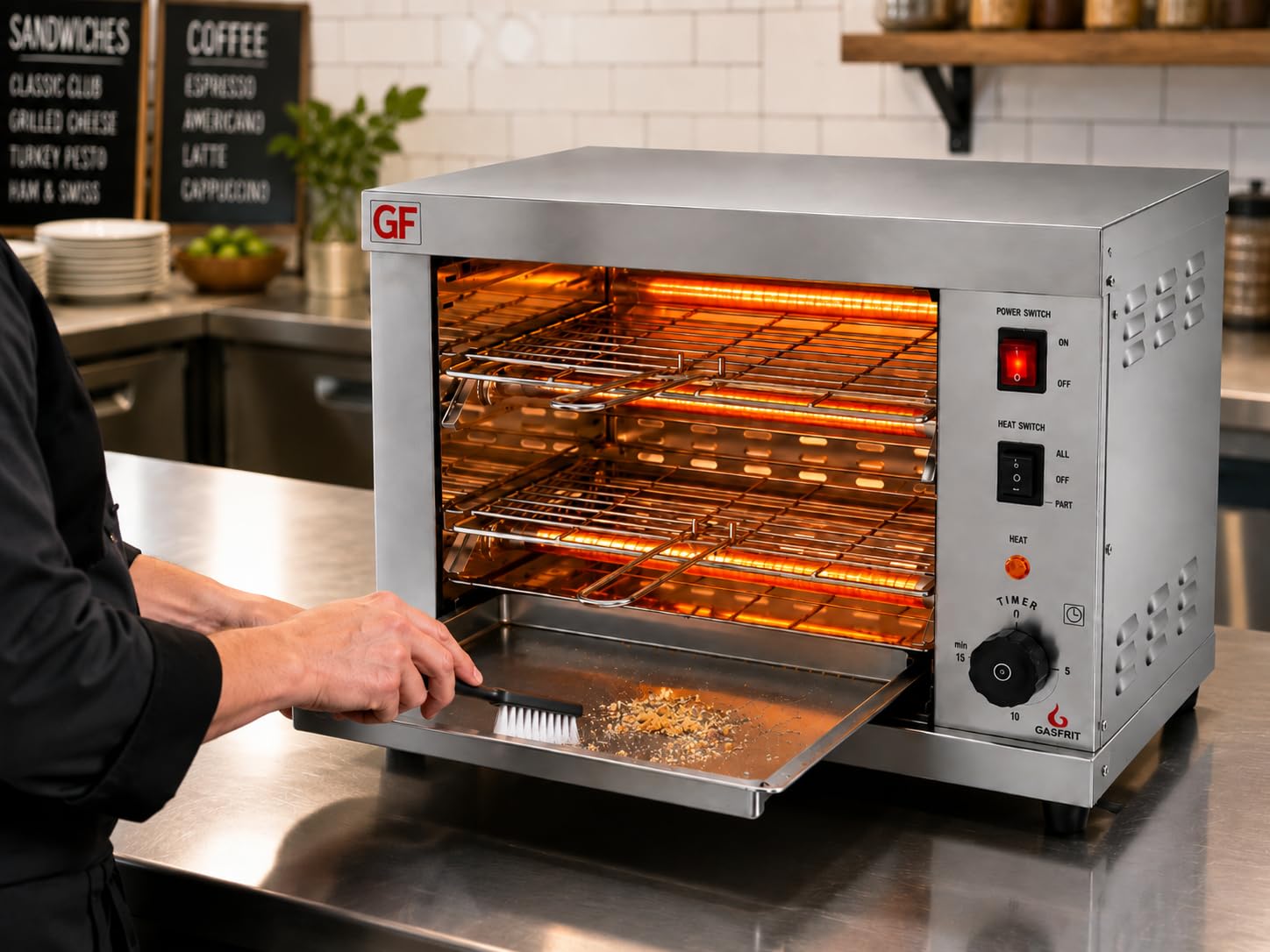 Tostador Eléctrico Industrial de Cuarzo 2 Plantas, opción temporizador, 3000W, Acero Inoxidable, Parrilla y Bandeja Recogemigas Extraíbles, Uso Profesional Hostelería