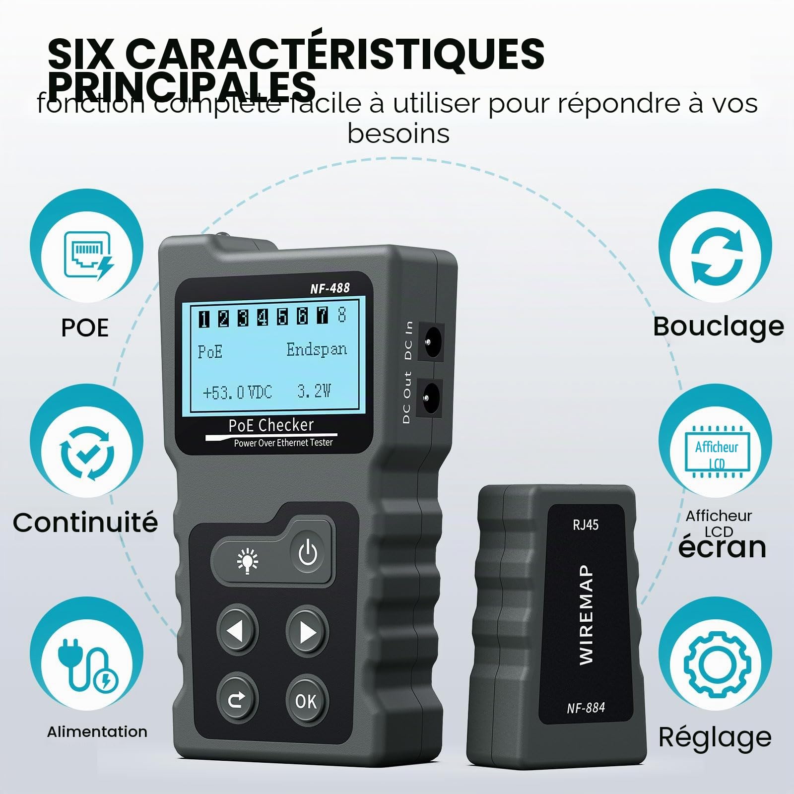 Noyafa Testeur de Tension et de Courant PoE avec Testeur de Câble LCD avec Fonction POE, Testeur de Câble Réseau Testeur de Réseau Portable pour Vérifier L'état du Réseau Cat5/Cat6, NF-488