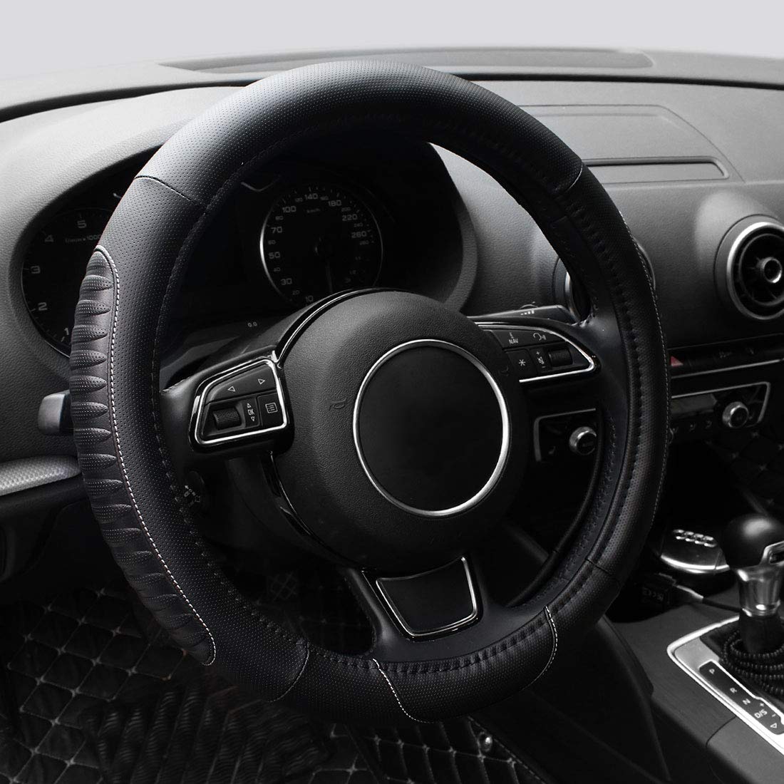 AOTOMIO Auto Car Steering Wheel Cover Black TPE Material Non-Slip Grip Universal 15 inch