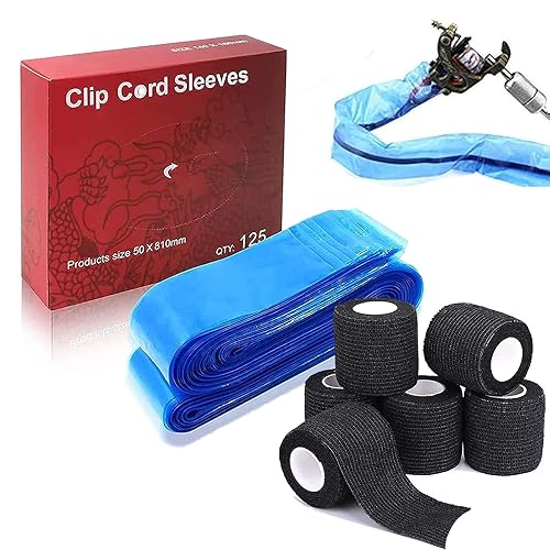 SOTICA 125 bolsas de cordón con clip de tatuaje y 6 cintas de agarre de tatuaje fundas de cordón de clip de tatuaje azules con cubierta de agarre de