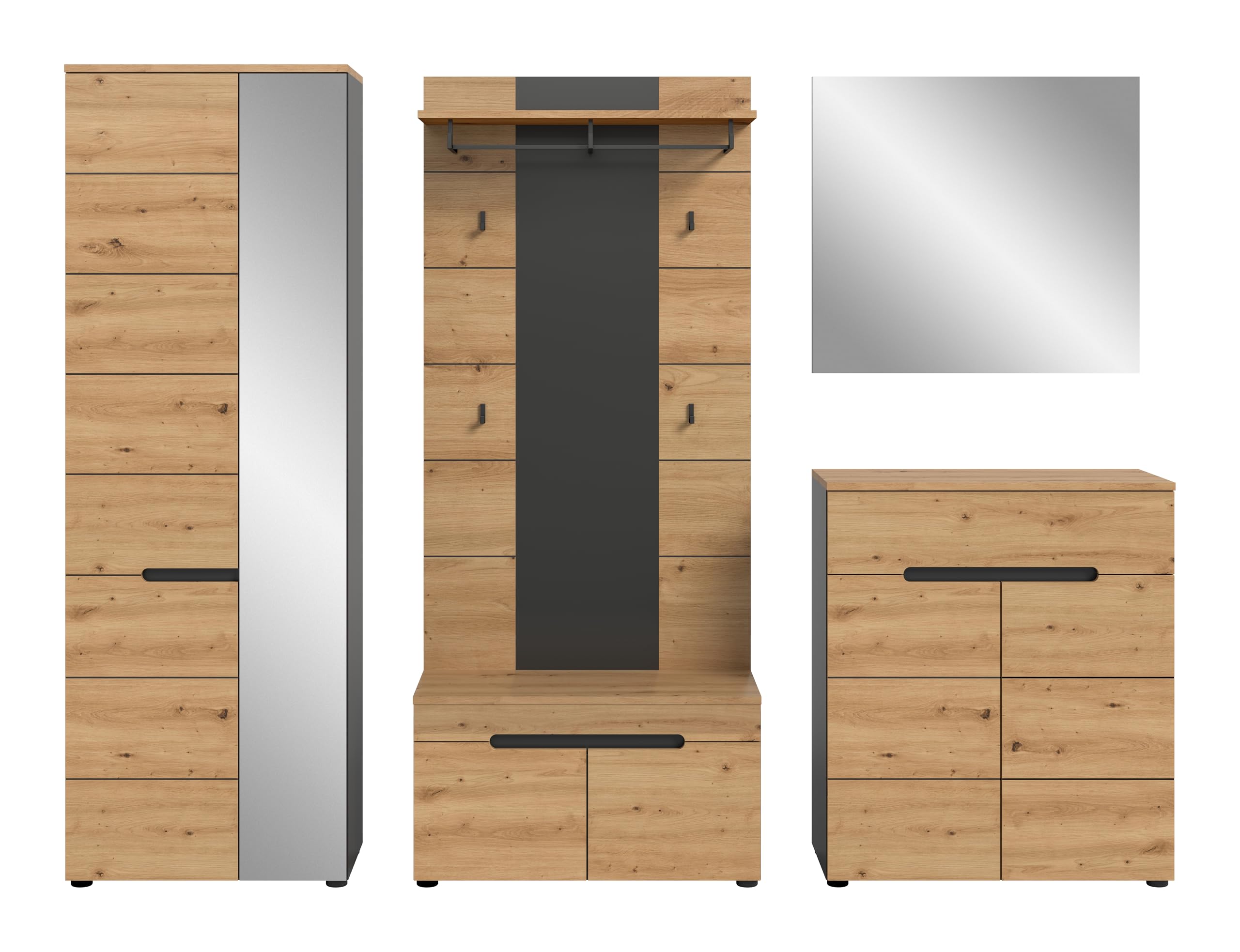 xonox.home - Garderobenkombination Canu 5tlg. 255x190x37 cm in Korpus Basalt grau Nb., Front Artisan Nb. - Garderobenschrank Garderobenmöbel Flurmöbel-Set Flursystem Stauraumlösung