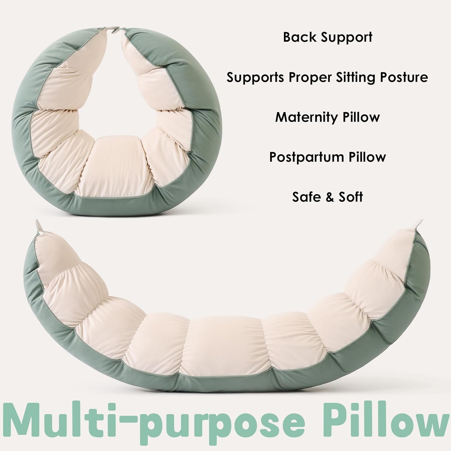 Peallow(Pat. Pend) – Long Round Body Pillow for Adults, Bolster Pillow for Sleeping, Soft and Supportive Pillow for Sleeping & Lumbar Support (Green-White, 59")
