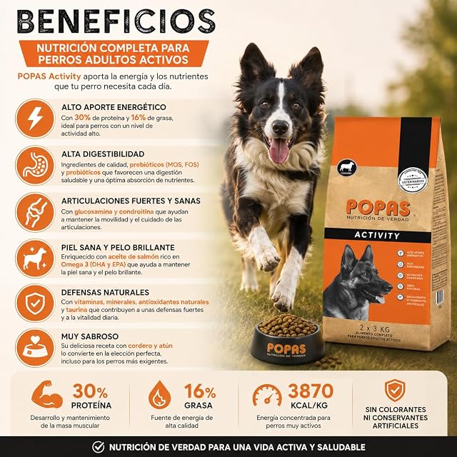 Foto 4 de 8 de POPAS Activity Pienso de Cordero para Perros Adultos de Alta Actividad, Comida Seca
