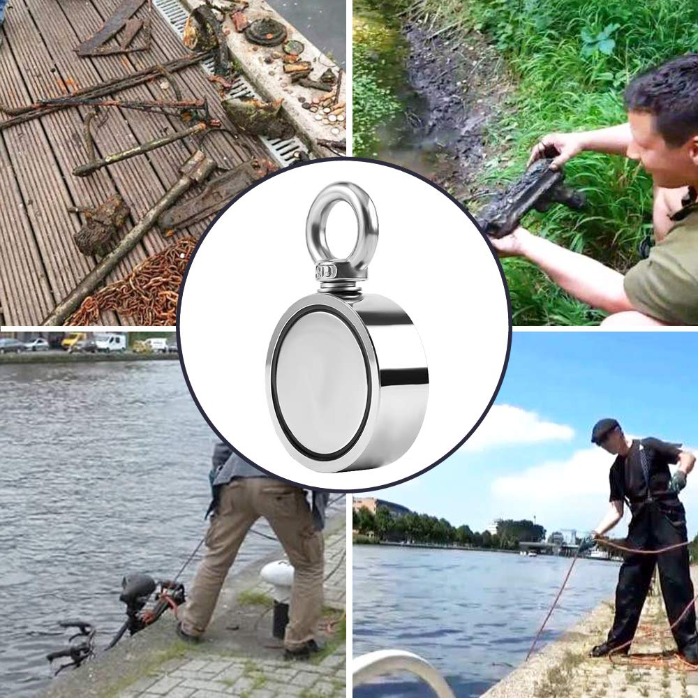 Double Sided Neodymium Magnet Fishing Kit with 480lbs Strength and Eyebolt for River Lake Hunting Indoor Outdoor (1.8in Dia)