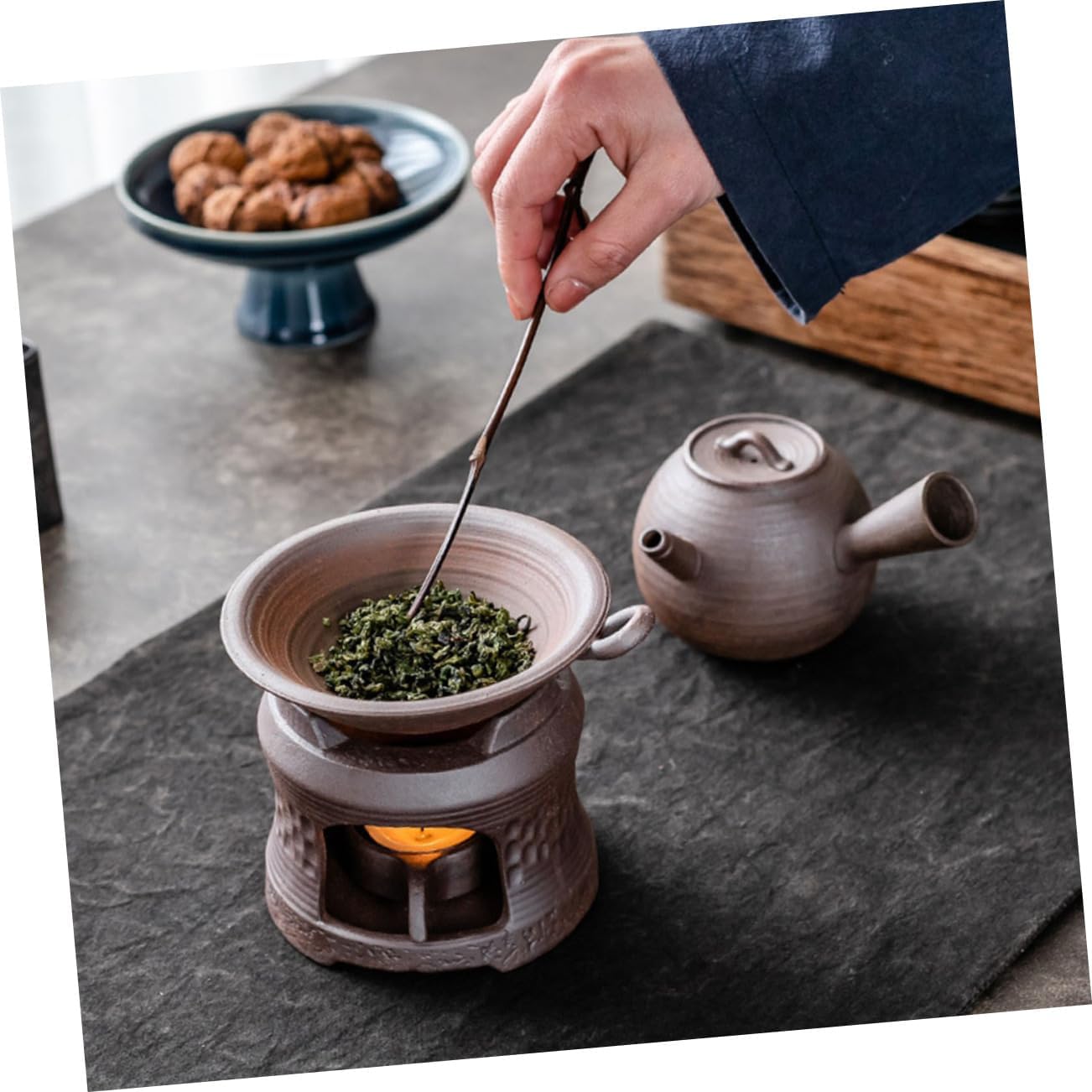 DECHOUS Ceramic Teapot Warmer with Candle Holder Portable Tea Stove Pedestal for Home and Restaurant Brown Rustic Teapot Tray for Efficient Heating and