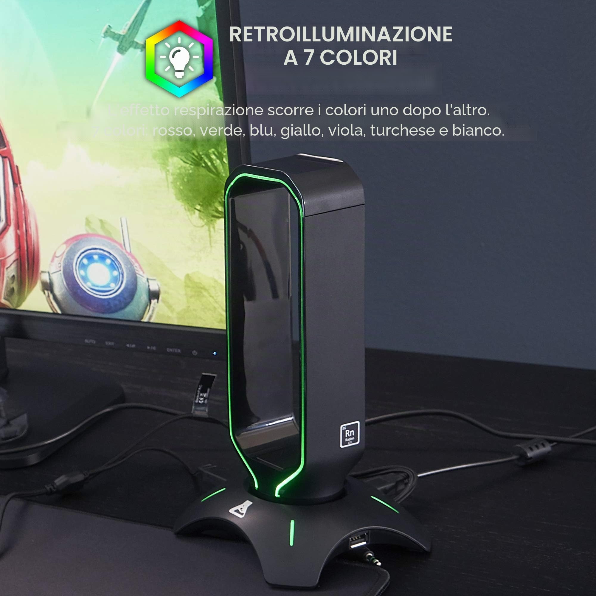 The G-Lab K-Stand RADON Supporto per Cuffie da Gioco RGB USB HUB Base Antiscivolo Nero