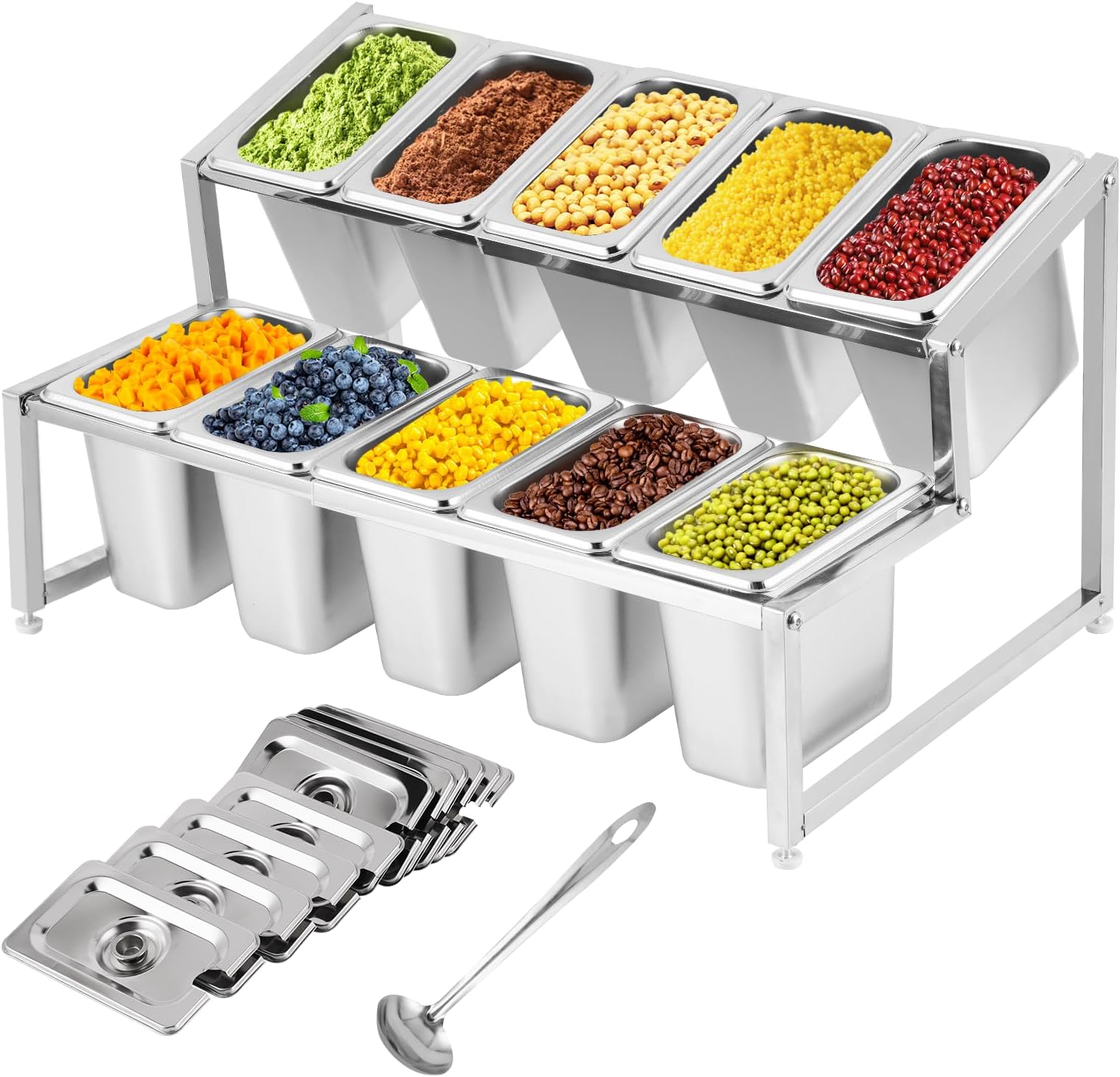 Meticuloso Expandable Spice Rack Stainless Steel Organizer Shelf for Sauce Ingredients Fruits, for Kitchen Pantry Use,10 Spoons,10 Lids&10 Buckets