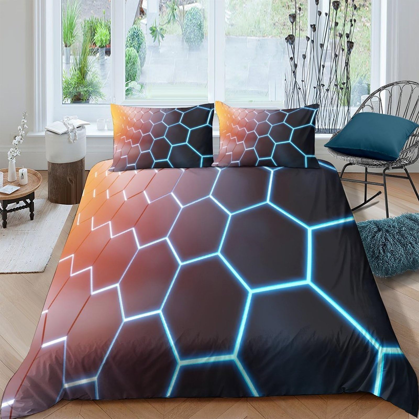 Ctjqhvkz Style-2 3D Printed Geometric Hexagon Fitted Sheet Microfiber Orange Blue Gradient Mattress Cover Bedroom Home Decor Single（135X200cm）