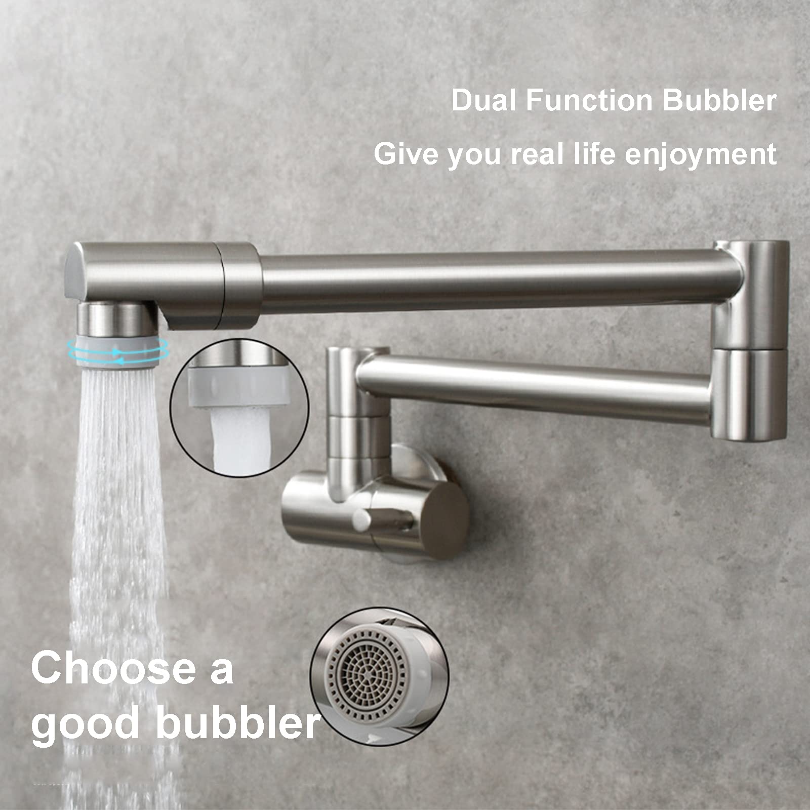 Grifo De Cocina, Latón Plegable Swing Spout Grifo De La Cocina Montaje En Pared Sola Manija Pot Filler Grifo, Grifo De Cocina Plegable Con Brazo Oscilante De Doble Articulación,Brushed
