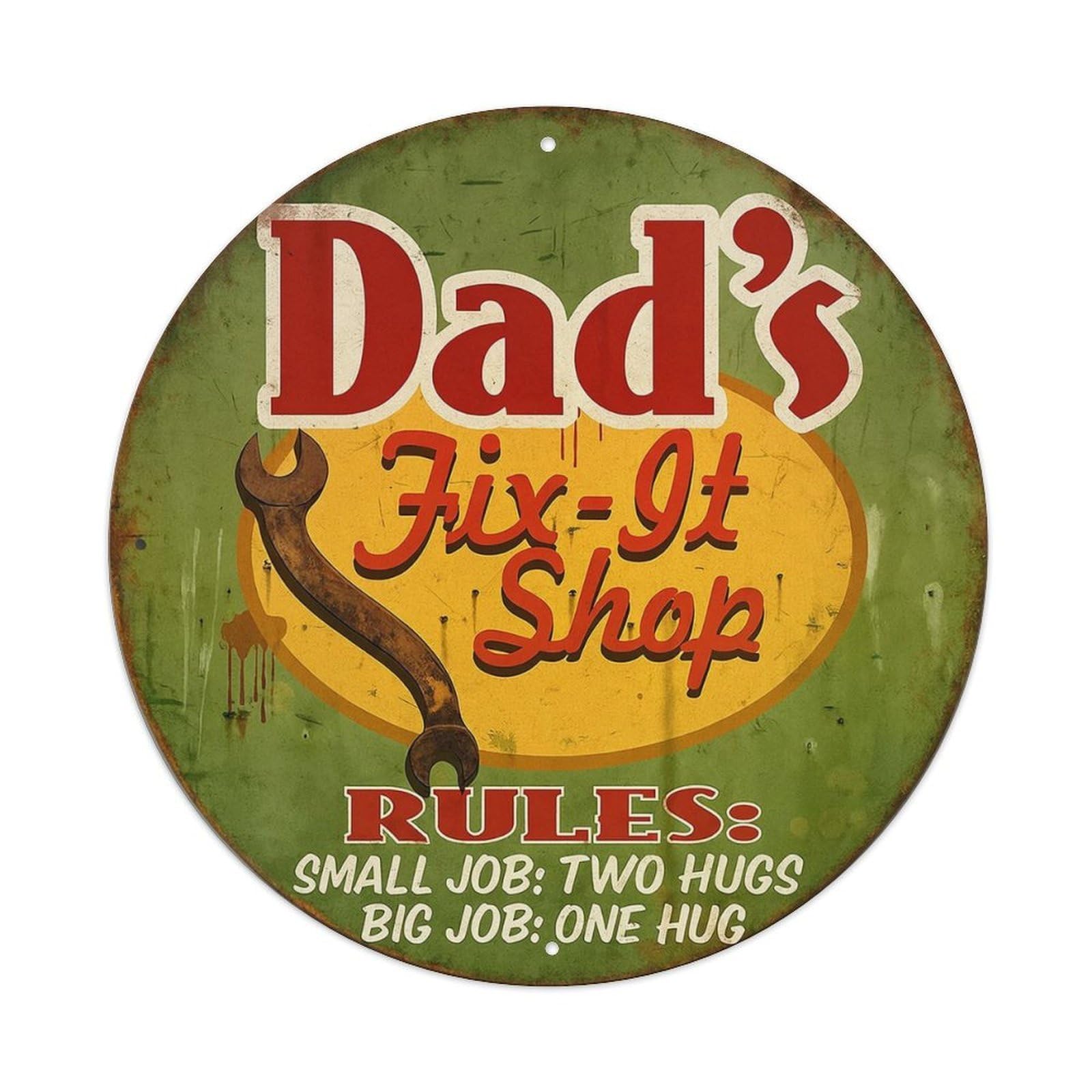 Dad's Fix It Shop Rules Vintage Round Tin Sign Retro Metal Wall Decor Metal Poster, Home Bar Garage Cafe Wall Art Decoration 8x8Inches