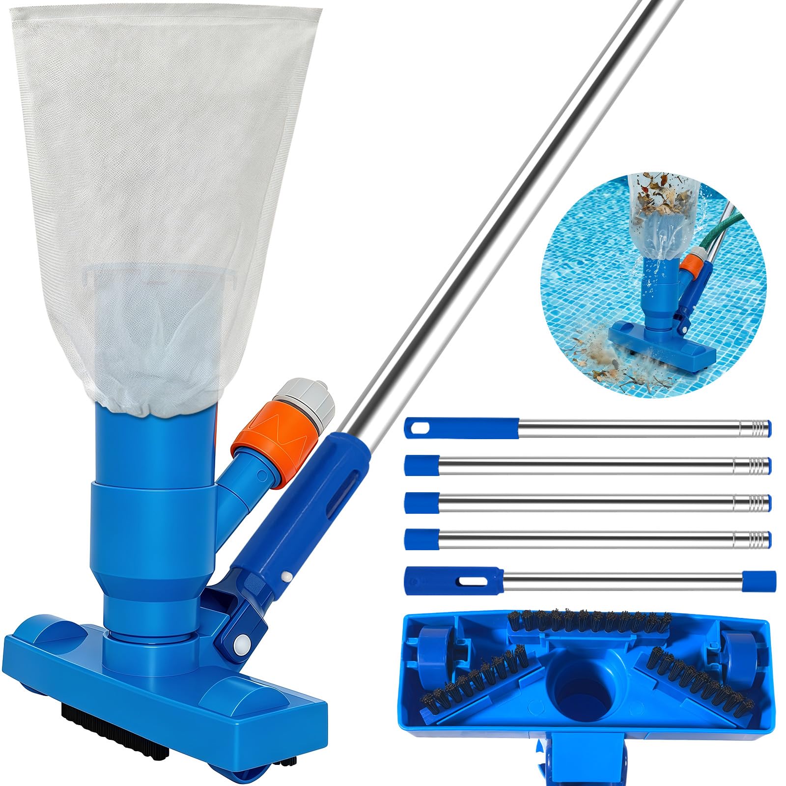 Swimming Pool Vacuum, 1.9 m Pool Hoover with 5 Detachable Intensify Stainless Steel Pole, Pool Vacuum Cleaner with Brush & Leaf Bag for Cleaning Bottom Wall of Pond Fountain Aquarium and Hot Tub