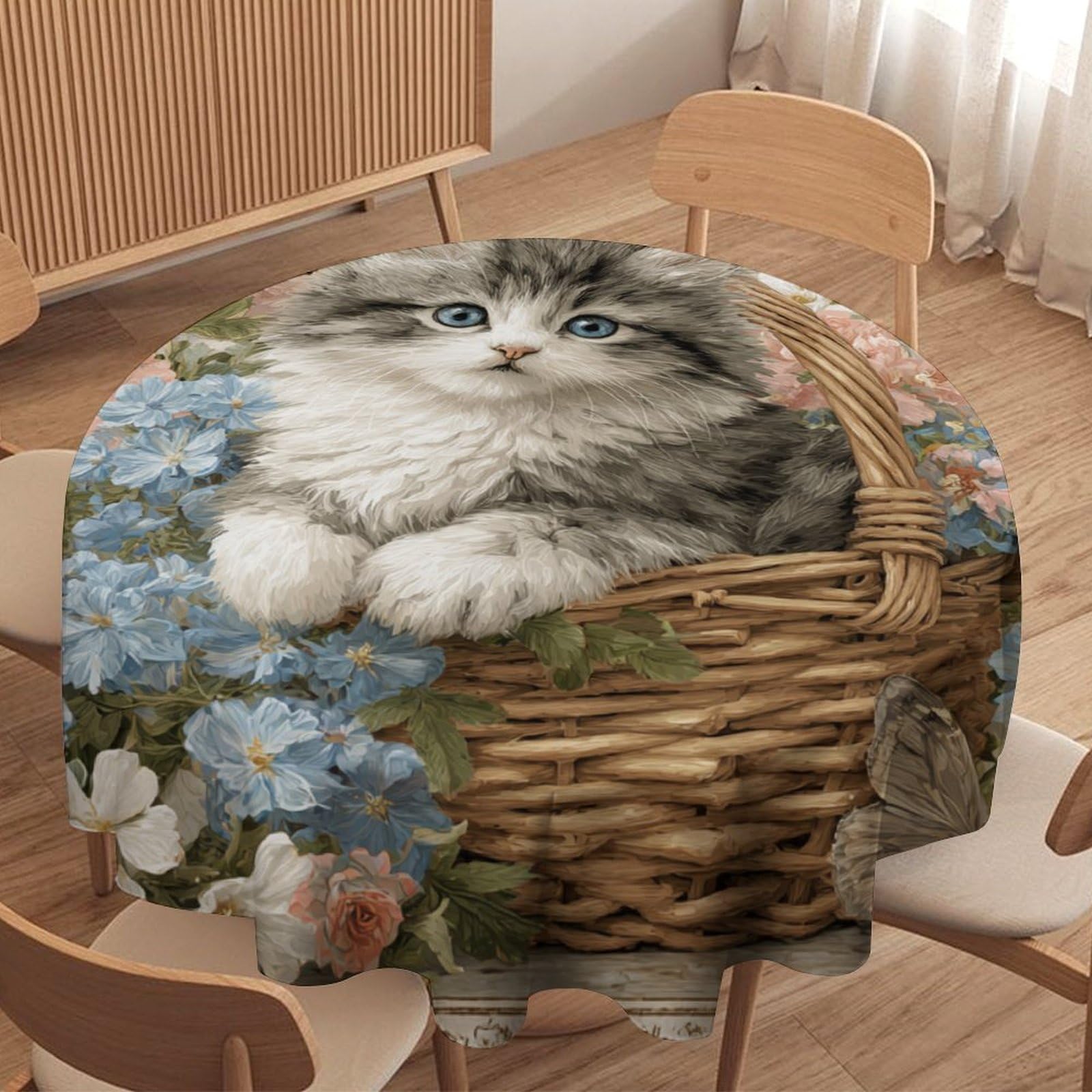 LUYYSKY Fantasy Abstract Cute Cats Round Tablecloth Funny Abstract Plant Daisies Flowers Animals Kittens Butterflies Washable Decor for Table Cover for Kitchen-177.8" Wx177.8 L cm