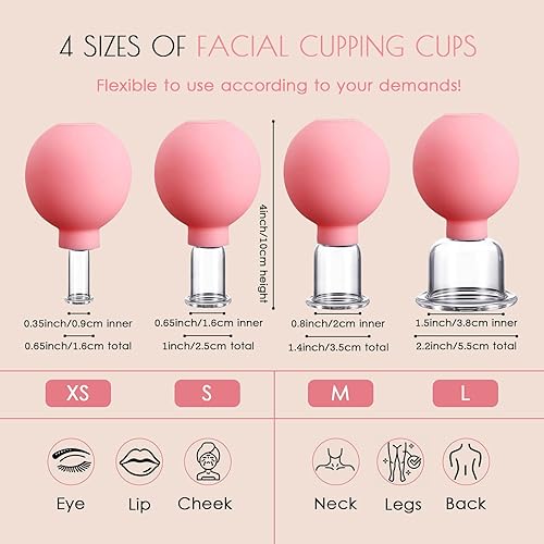 Miniatura 2 de Verynewbee Juego de regalo de ventosas faciales de vidrio, 4 piezas de terapia de ventosas faciales, tazas de succión al vacío de silicona,