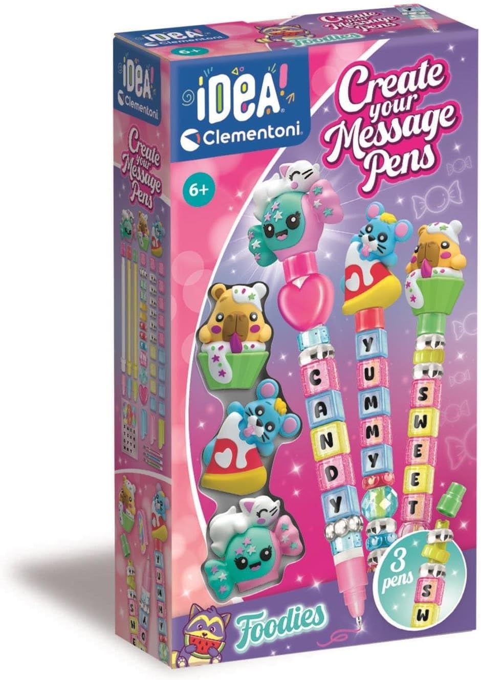 Clementoni Idea - Create Your Message Pens Foodies, Creative Kit for Kids Ages 6+ Customizable Pens with Foodies Messages and Characters, 18399