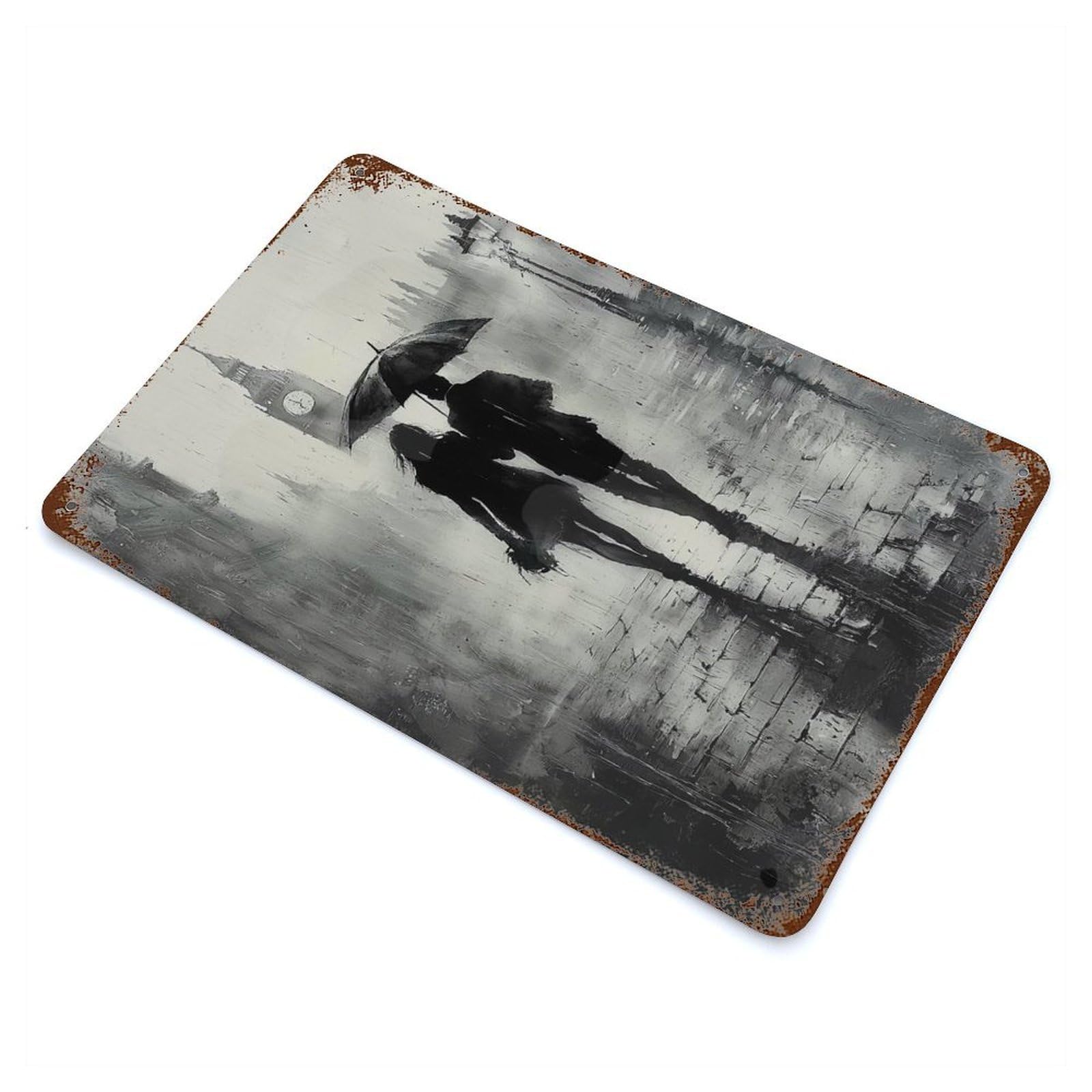 Romantic Rainy Walk in London - Charcoal Style Rusty Metal Tin Sign 11.8"x7.9", for Pub, Kitchen And Man Cave Decor, Farmhouse Wall Decor