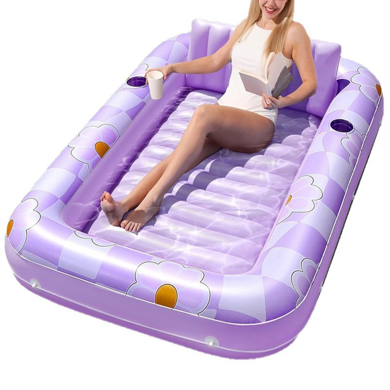 Inflatable Tanning Bed Comfort Pool Float for Adults, Multi-Purpose Floating Raft with Pillow & Cup Holder, for Backyard Pools, Lakes & Beach Days,Purple